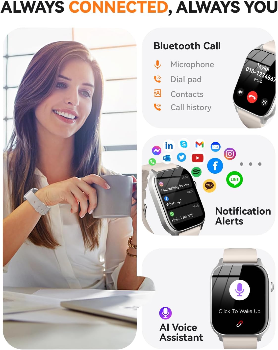 Detalle 2 de Smart Watch for Men & Women (2024) with Bluetooth Calling, IP68 Fitness Tracker – Silver, 1.83in
