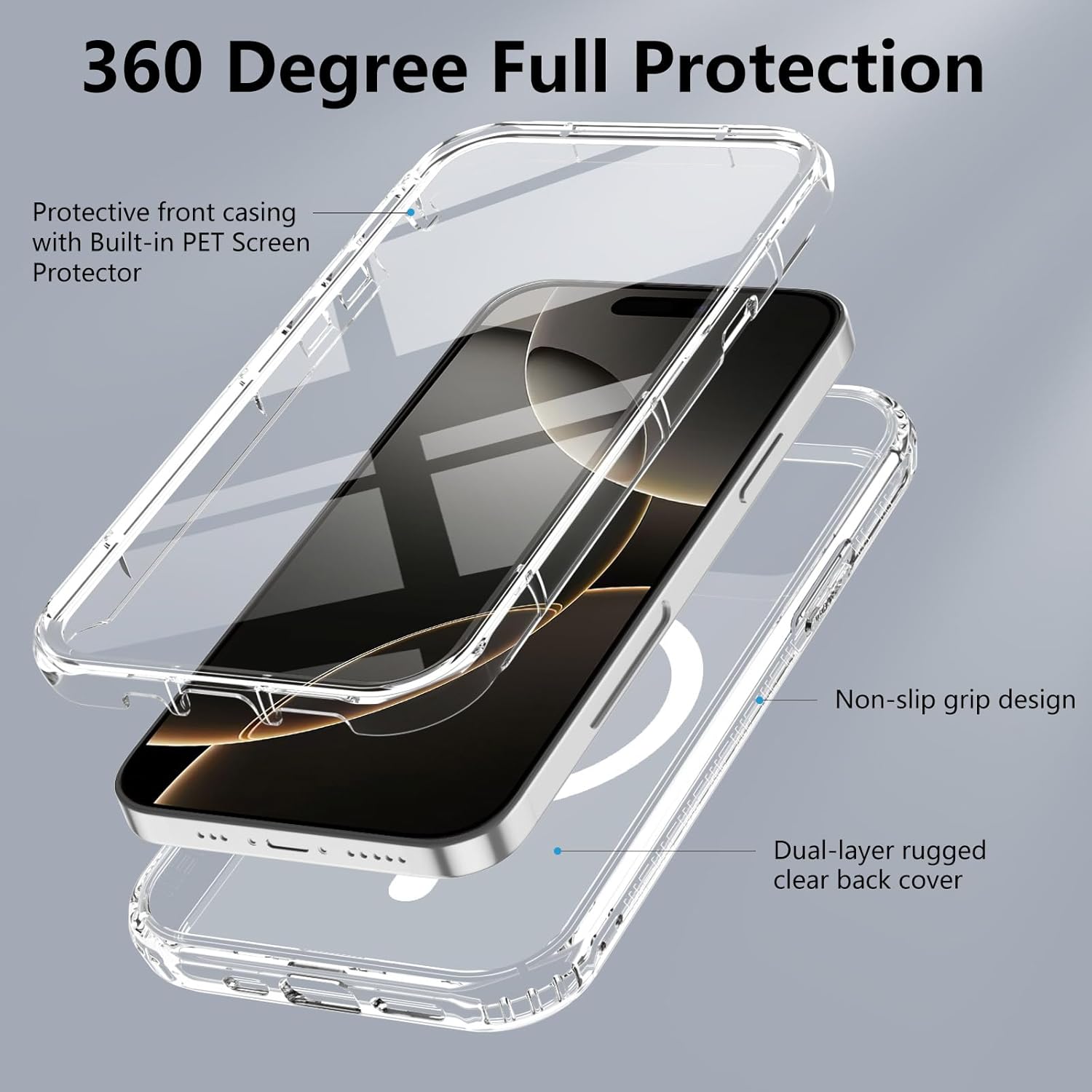 Detalle de XTCASE Coque magnétique 360° pour iPhone 16 Pro – Transparent, antichoc et protectrice avec écran intégré