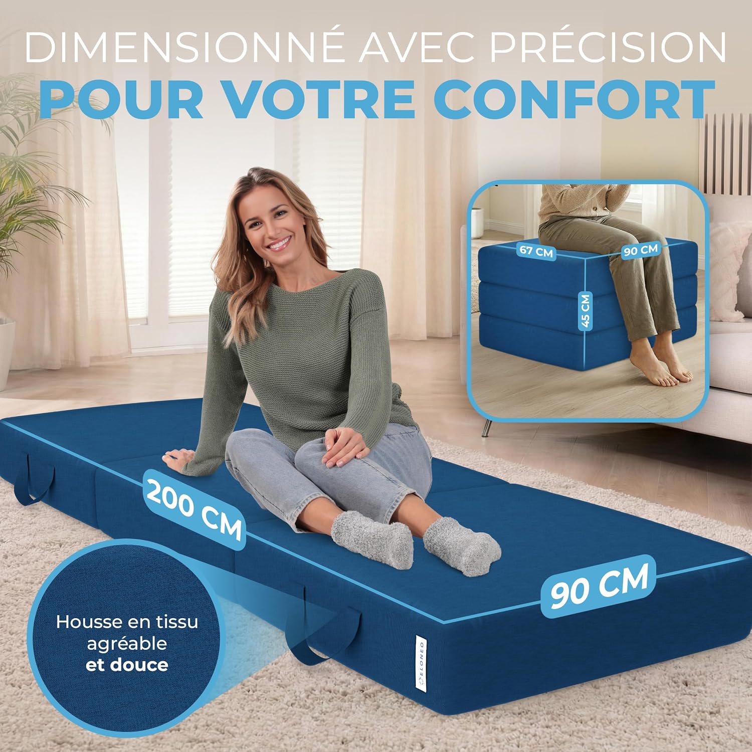 Detalle de ELONEO Matelas Pliant 90x200 cm – Matelas d'appoint pliable en 3 parties, mousse 15 cm, lavable et pliable en cube