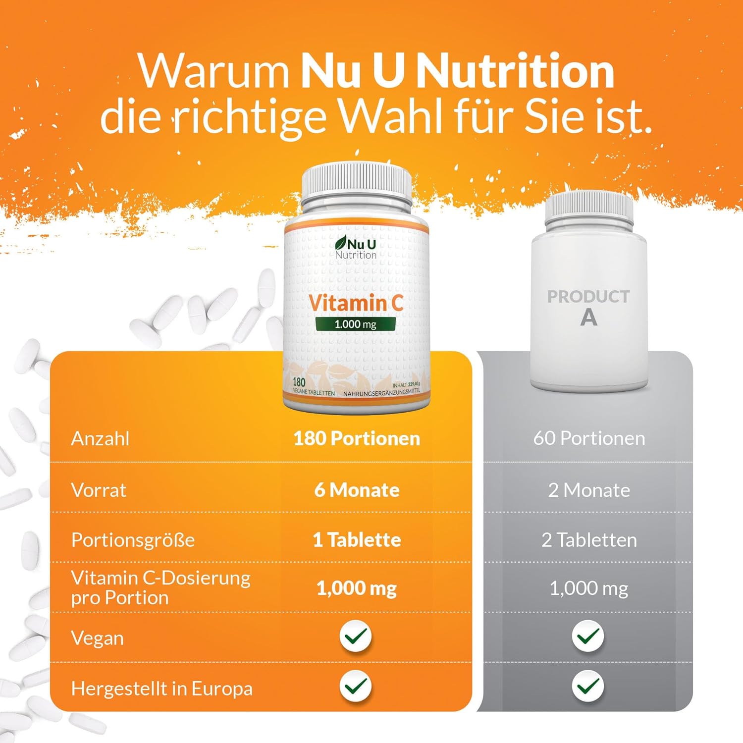 Thumbnail 6 de Nu U Nutrition Vitamin C 1000mg Hochdosiert 180 Vegane Tabletten