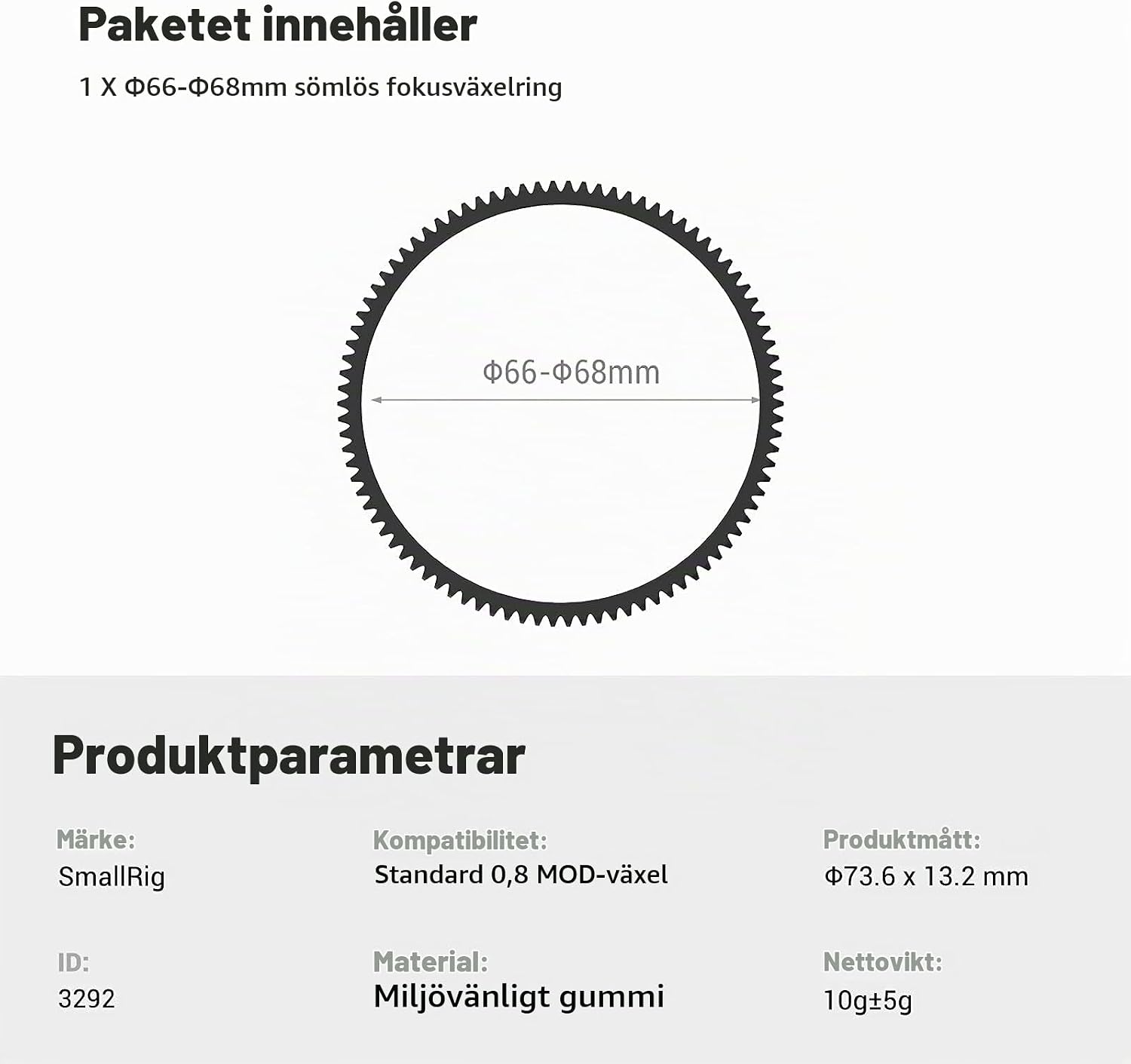 Detalle 1 de SMALLRIG 3292 fokusväxelring för 66–68 mm objektiv, 0,8 MOD