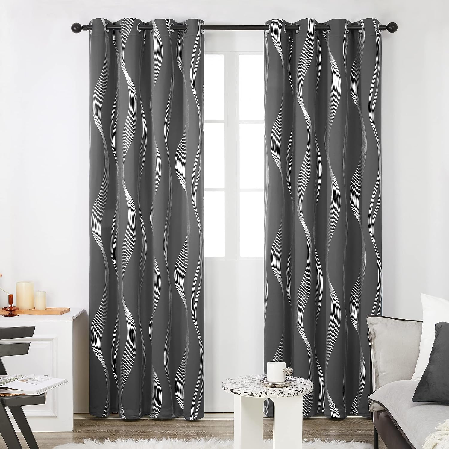 Detalle 2 de Deconovo Grey Silver Wave Line Foil Printed Blackout Curtains (2 Panels) – Thermal Eyelet Drapes, Dark Grey