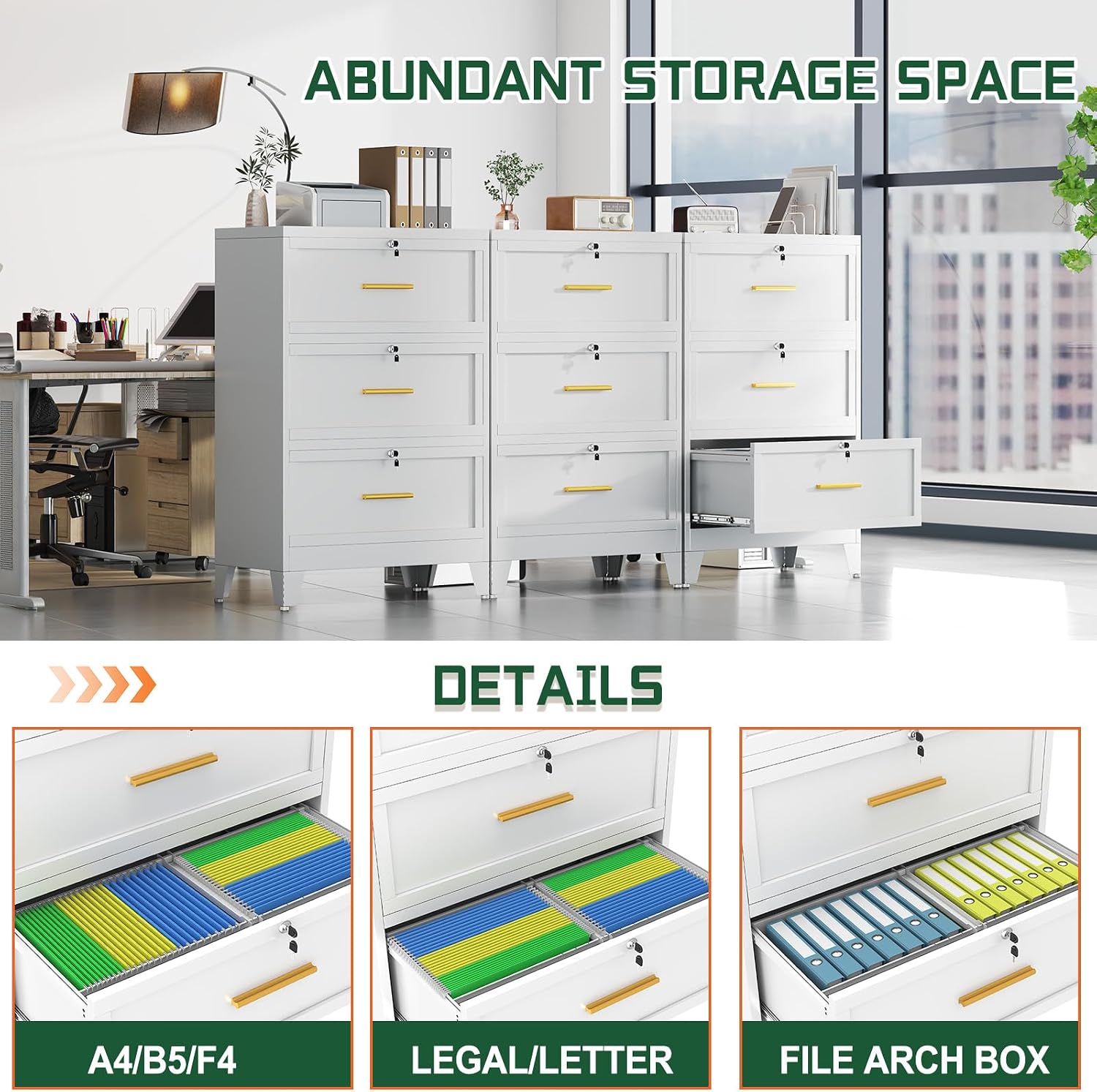 Thumbnail 6 de erosoei FXY-2D-004 3-Drawer Metal Lateral File Cabinet with Lock