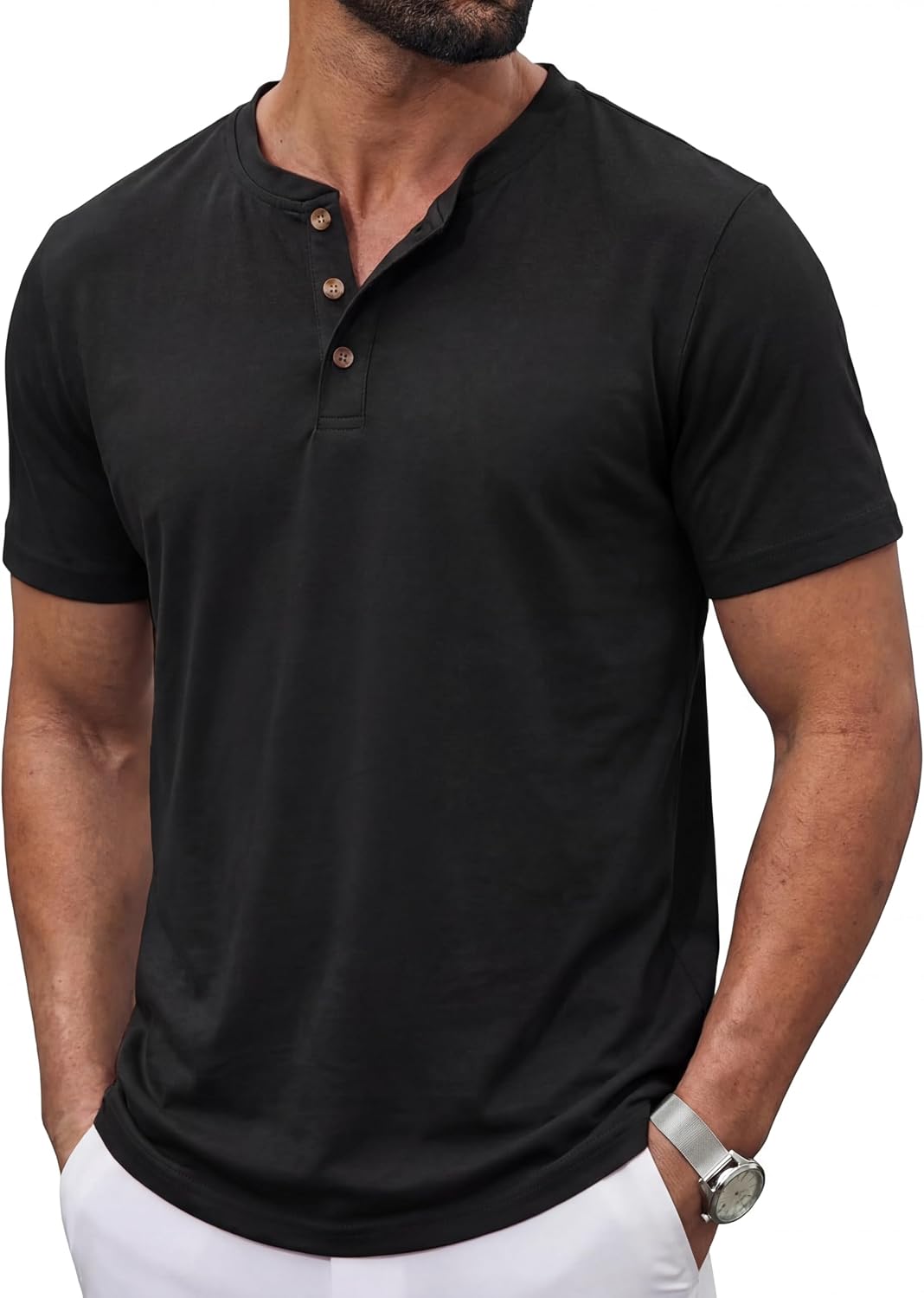 Detalle 2 de TACVASEN Henley Shirt Herren Kurzarm – Baumwoll-Hemd mit Knopfleiste