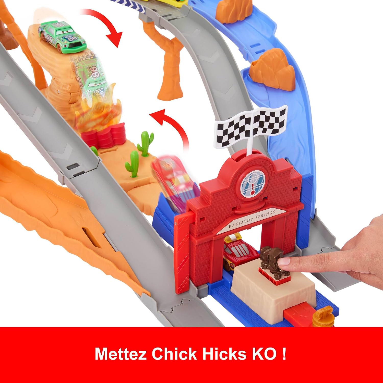 Detalle de Mattel Cars Coffret Piste de Course Rescue Road Course (Radiator Springs) avec Flash McQueen, Chick Hicks et 2 véhicules Pitty – JFL57