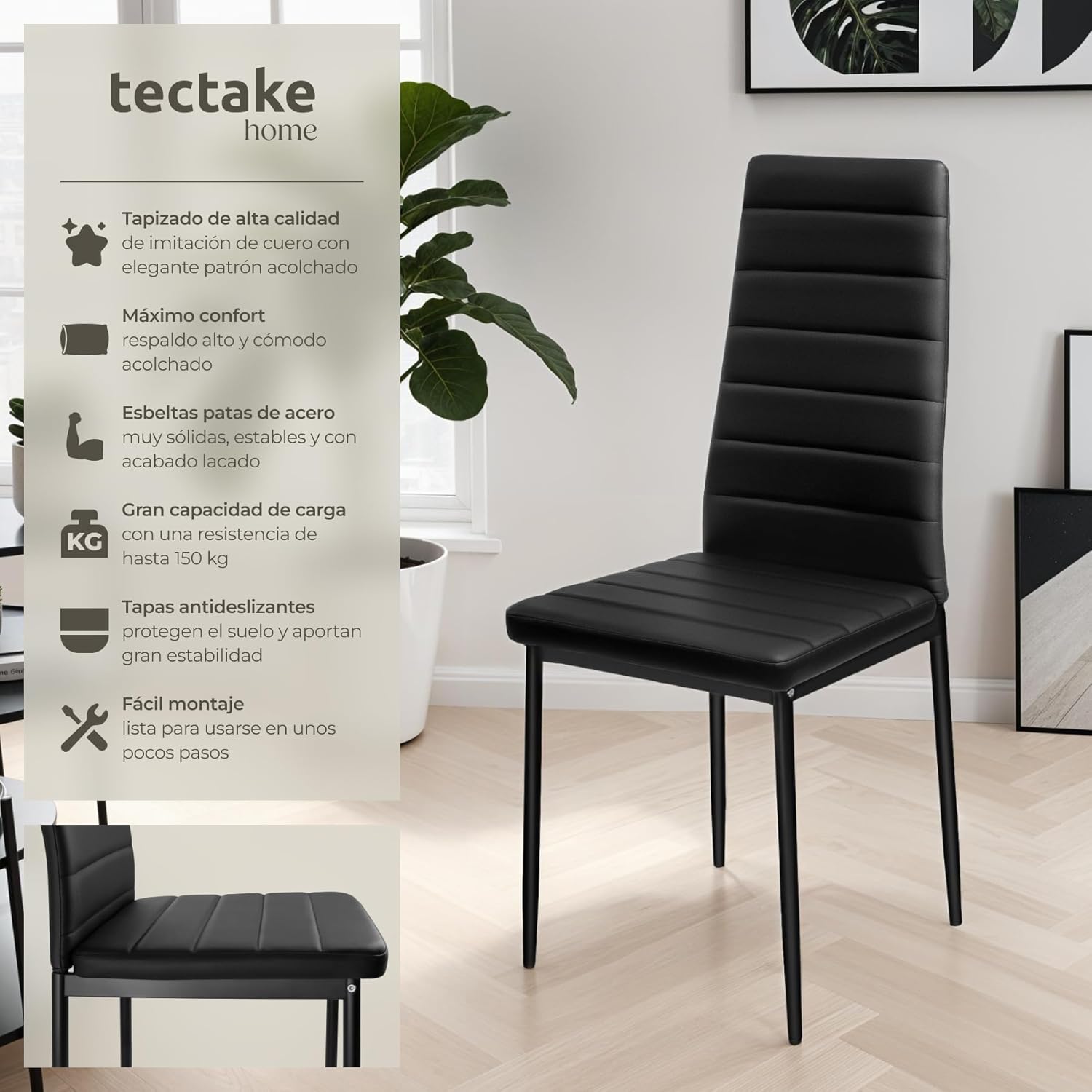 Detalle 2 de TecTake® Sillas Comedor Acolchadas Modernas🪑, 6 Negros