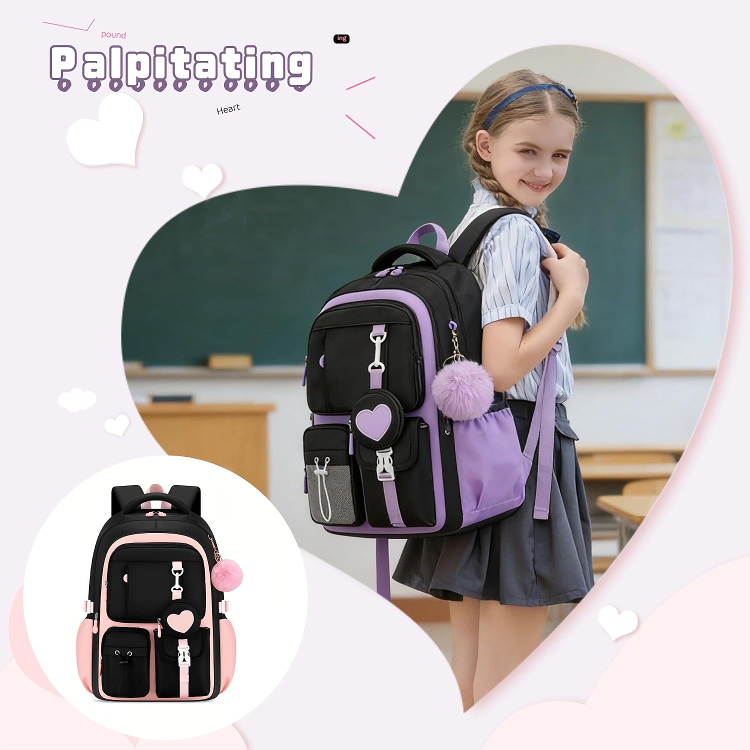 Detalle de GRUOTEIS Kids Backpack for Girls: Practical, comfortable and multi-pocket school bag