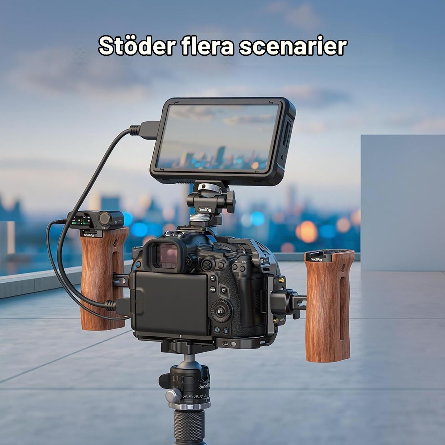 Detalle de SMALLRIG 2187D NATO-sidohandtag för kamera med trägrepp och aluminium