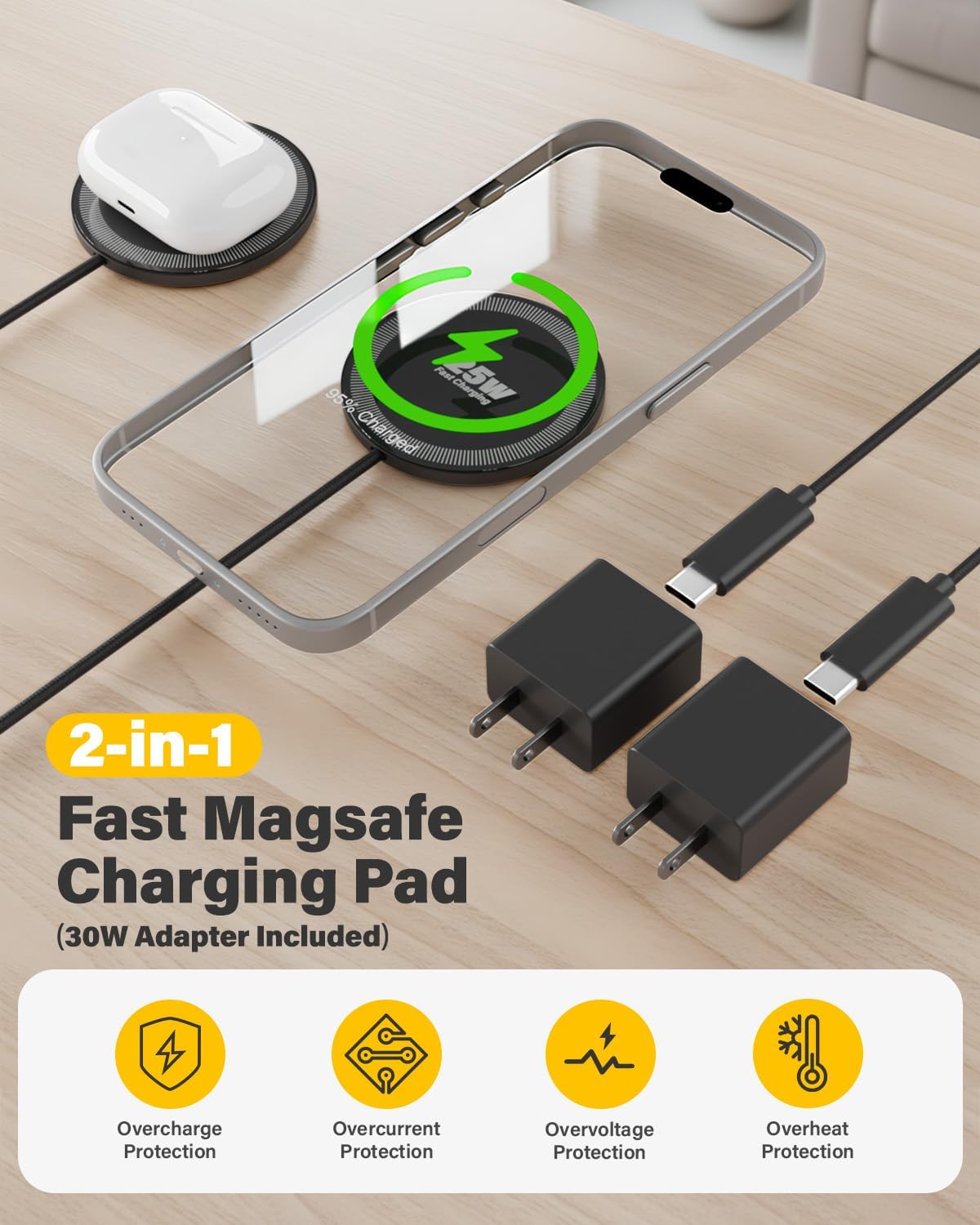 Thumbnail 6 de 25W Magnetic Wireless Charger (2-Pack) with 6FT Cable — Ultra-Slim, Portable MagSafe Charging for iPhone, AirPods, Galaxy, Pixel