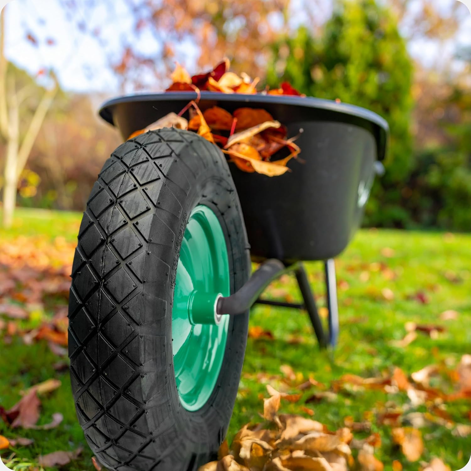 Detalle de Garronda Ersatzrad Schubkarre 4.80/4.00-8 Ø390 mm – Luftreifen 4PR, Tragkraft 220 kg, Achse & Kugellager, Grün-Schwarz