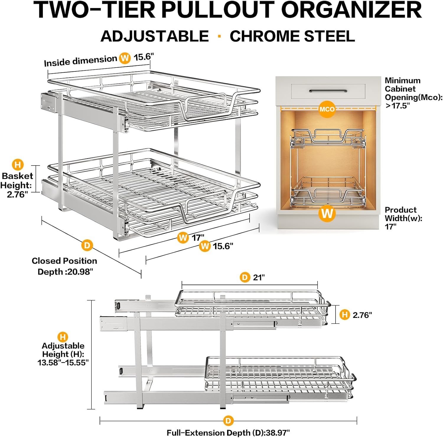 Detalle 2 de QUYUWU 2-Tier Kitchen Pull-Out Organizer 17 in