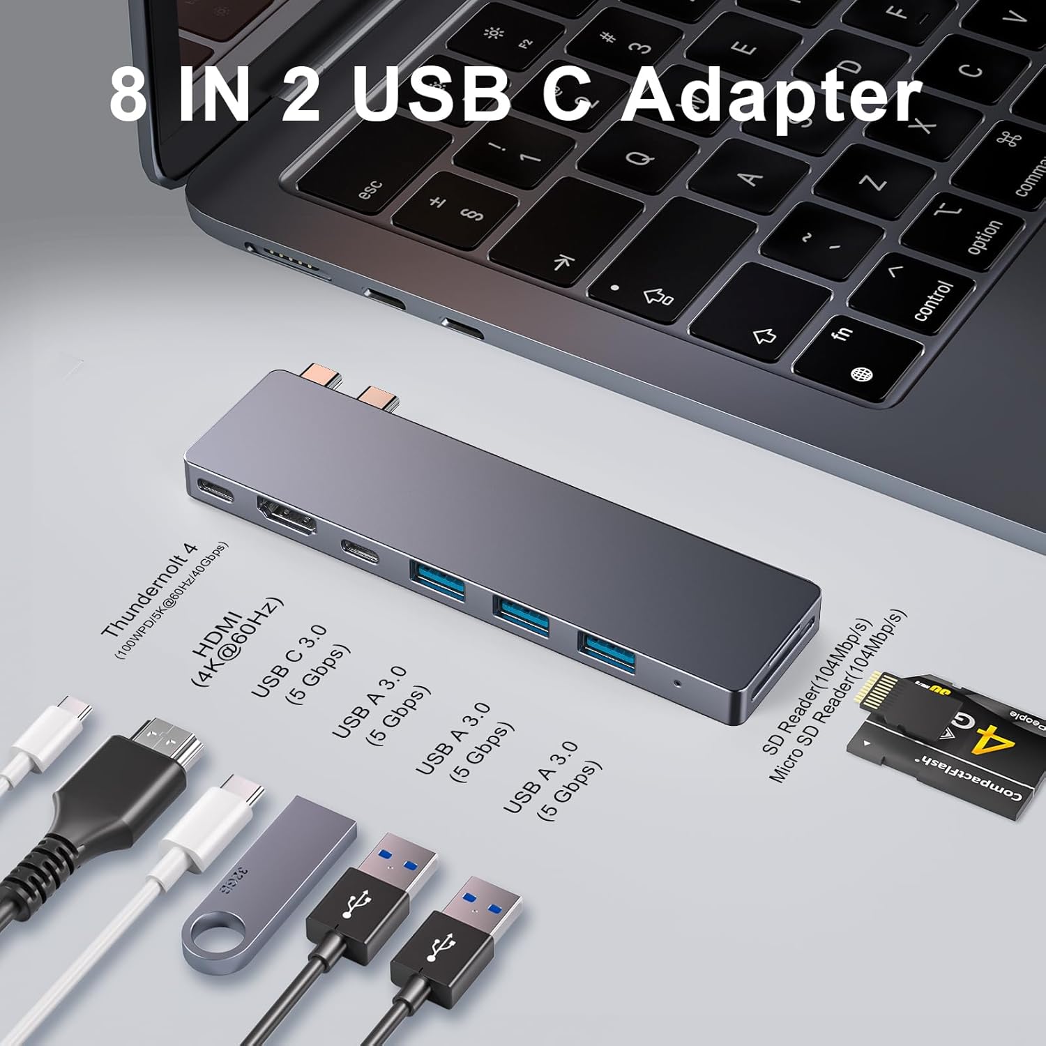 Detalle 2 de ZanBix USB C Hub 8-in-2 für MacBook Pro/Air: Thunderbolt 4 Dock mit HDMI 4K, 100W PD und SD/TF