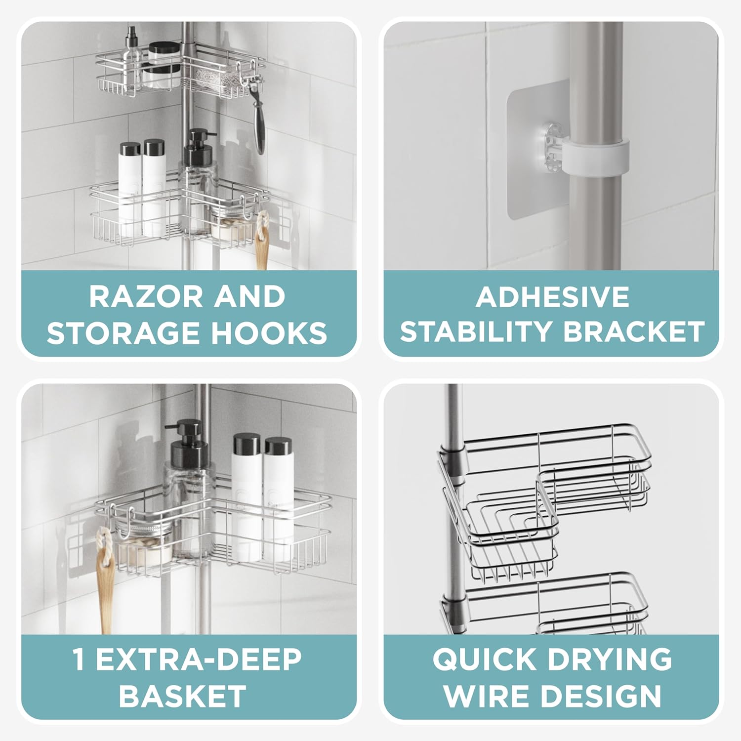 Thumbnail 5 de Zenna Home Tension Pole Shower Caddy Corner Organizer: Adjustable, Rust-Resistant Bathroom Storage