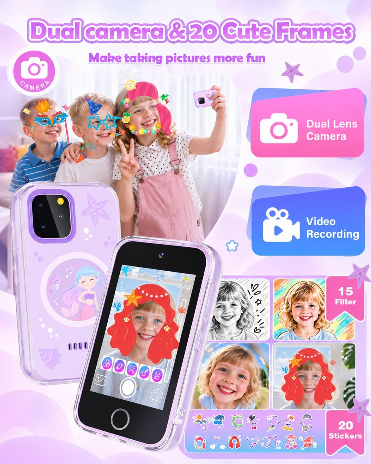 Detalle de Dylanto TP2 Kids Phone Toy, 3.5-Inch Touchscreen, Dual Cameras, Purple