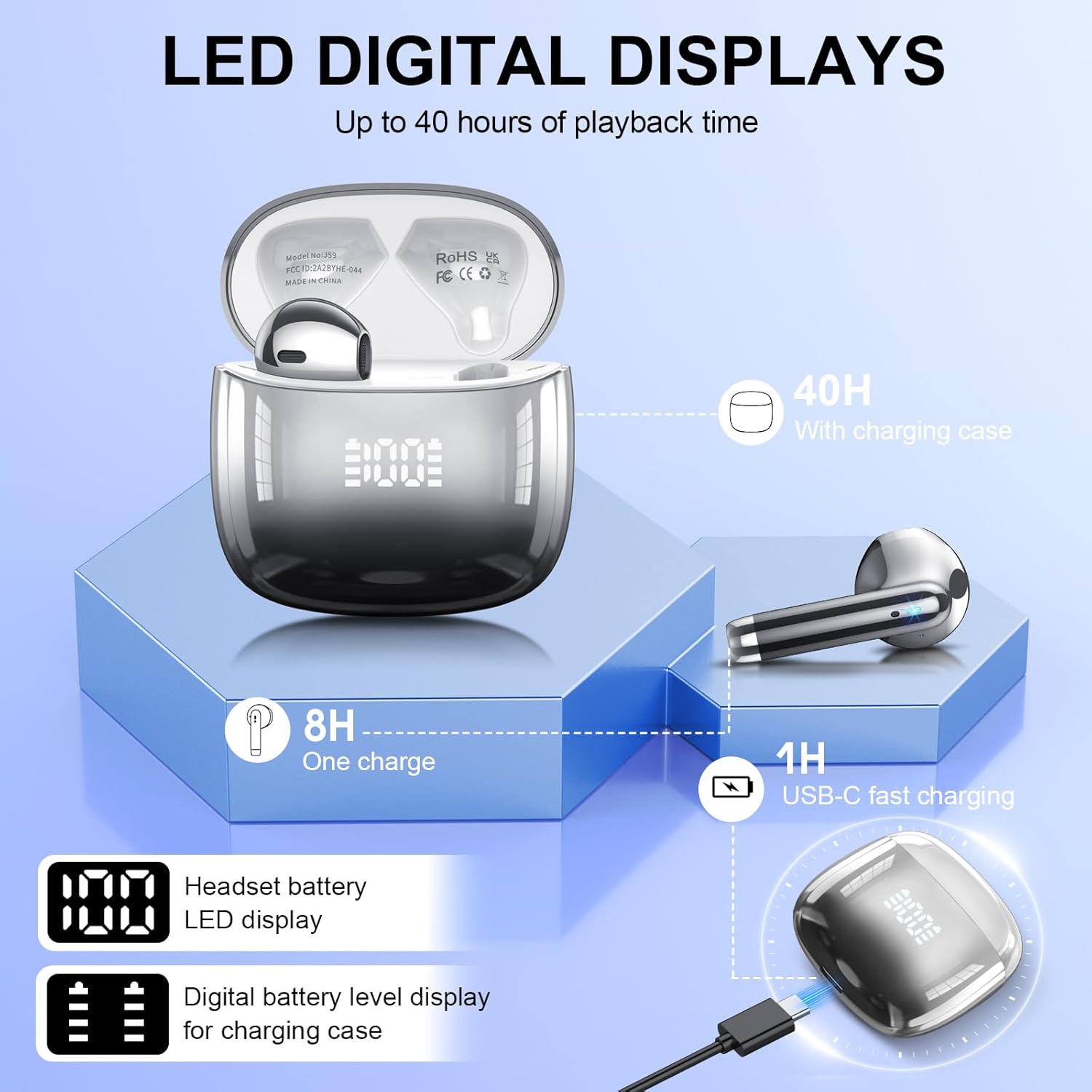 Detalle de Ecouteurs Bluetooth Sans Fil HiFi 5.4 avec Écran LED, Étanche IP7 et 40H d’autonomie