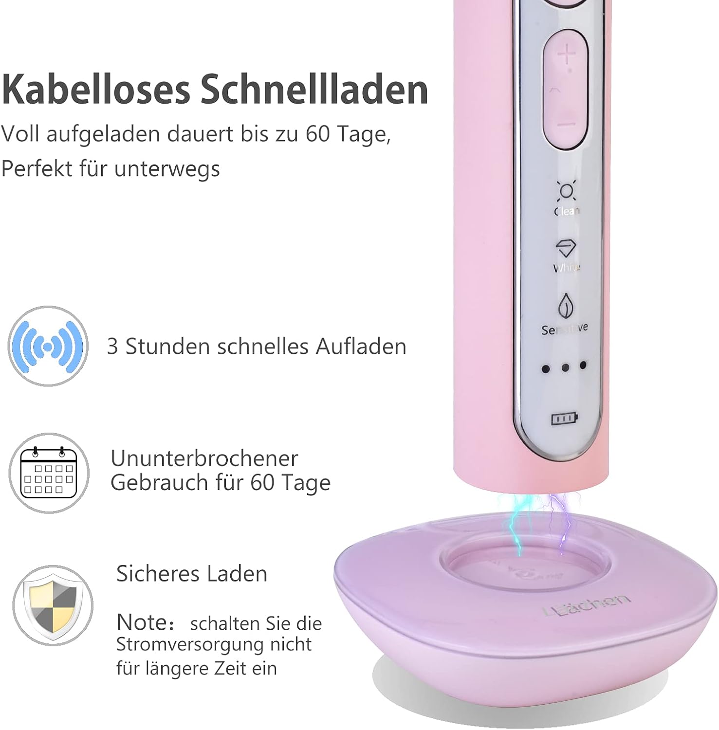 Thumbnail 4 de Lächen Sonic elektrische Zahnbürste (rosa) mit Timer, 4 Aufsteckbürsten & Reisetasche