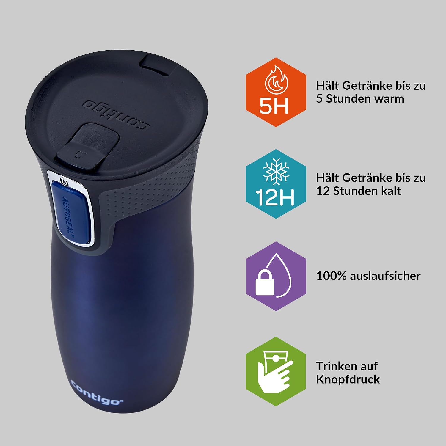 Detalle de Contigo West Loop Autoseal Edelstahl-Thermbecher, 470 ml – auslaufsicher