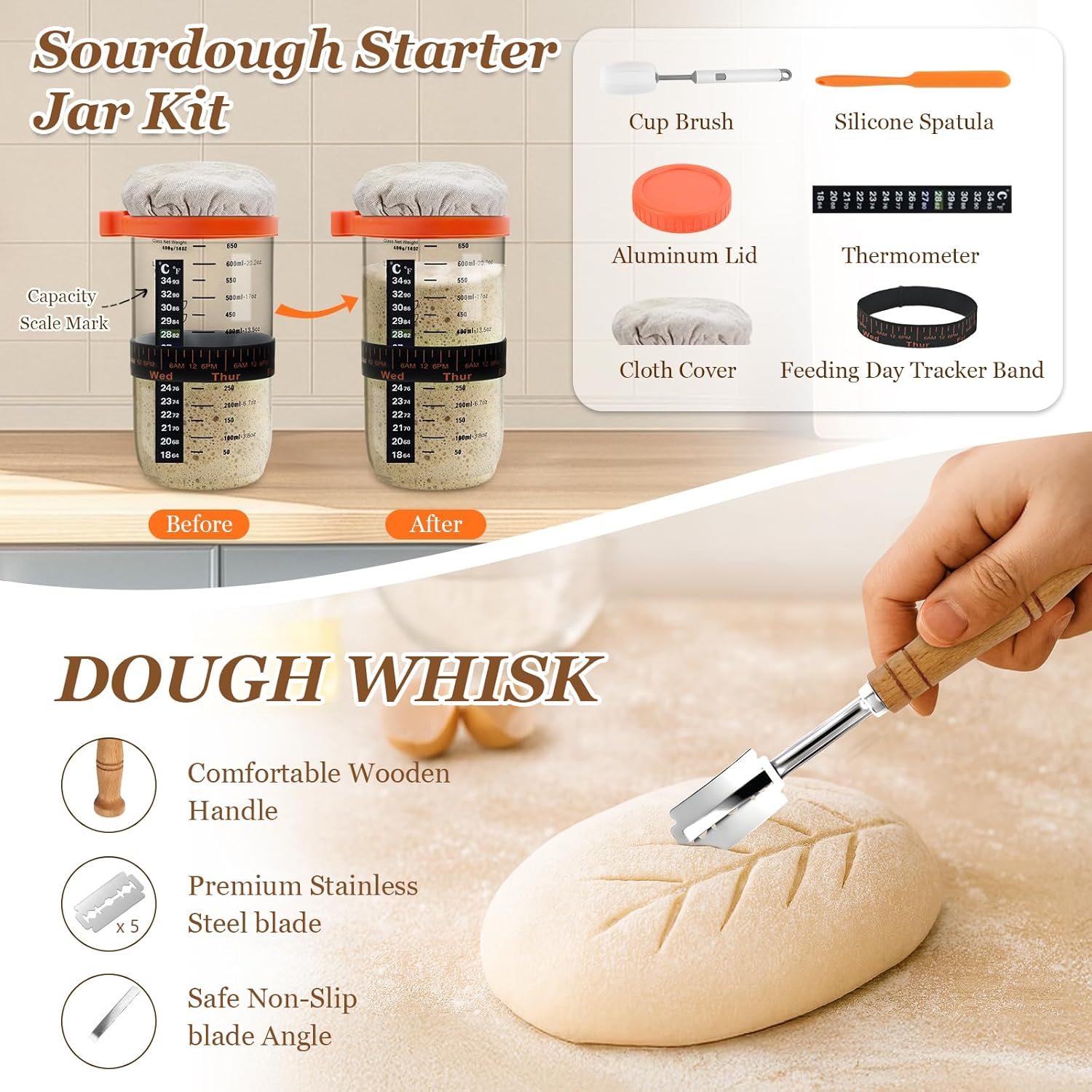 Detalle 2 de Sourdough Starter Kit with 2 Round Banneton Baskets (9-inch) and Glass Jar — Complete Starter for Home Bread Baking