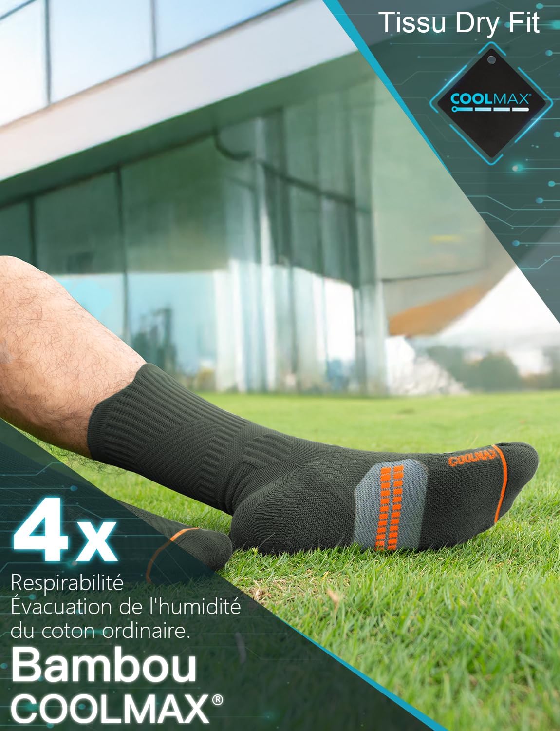 Detalle de Chaussettes de course Juclise en bambou Coolmax compressives pour homme (15 à 20 mmHg)