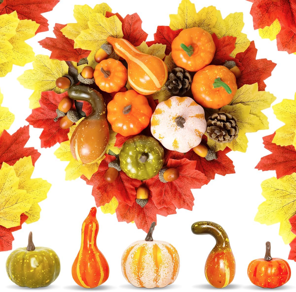 Detalle de QIMMU herbstdeko01 – zestaw jesiennych dekoracji z dyniami i liśćmi klonu