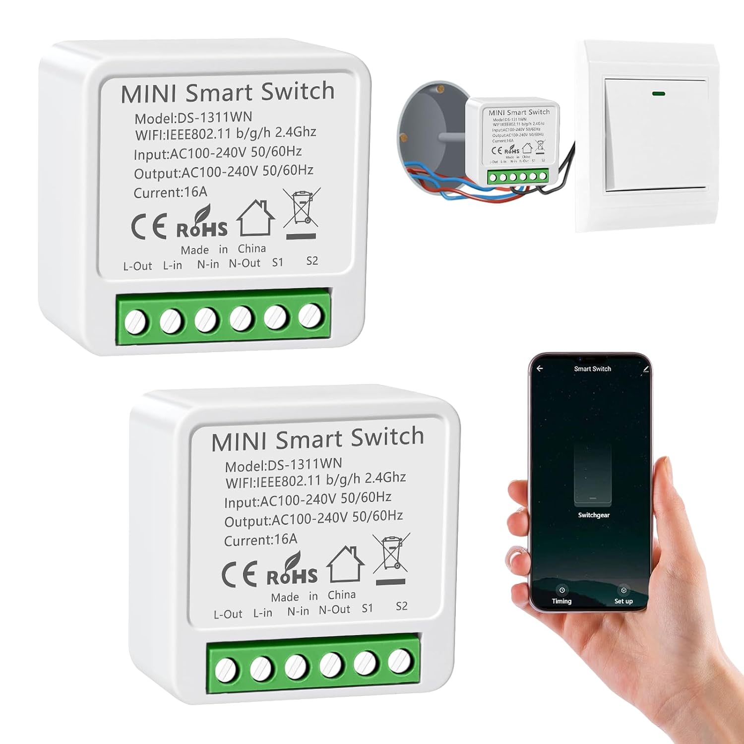 Detalle de Interruptor de luz inteligente WiFi 2PC 16 A