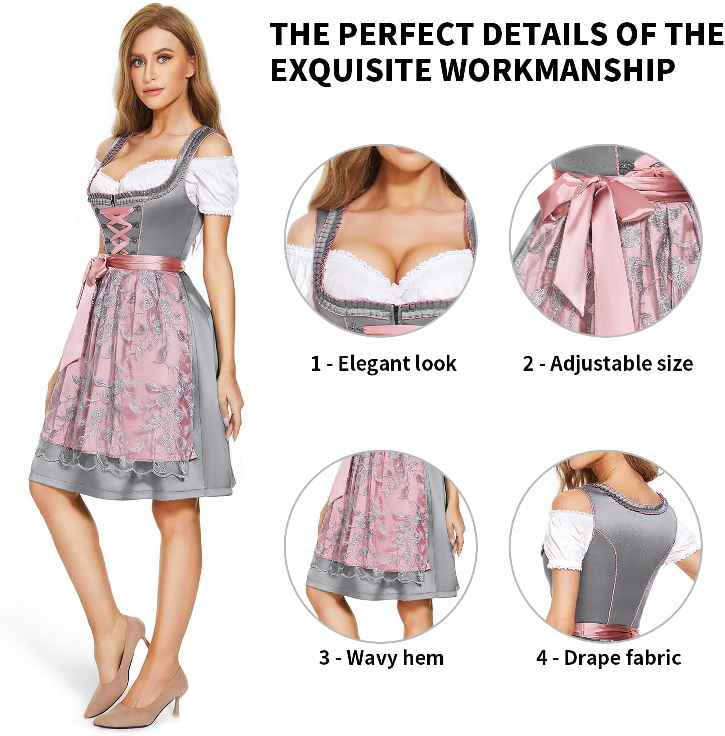 Thumbnail 2 de AMZHOTER Dirndl Damen midi Trachtenkleid 3-teilig inkl. Bluse und Schürze – Grau/Dunkelblau