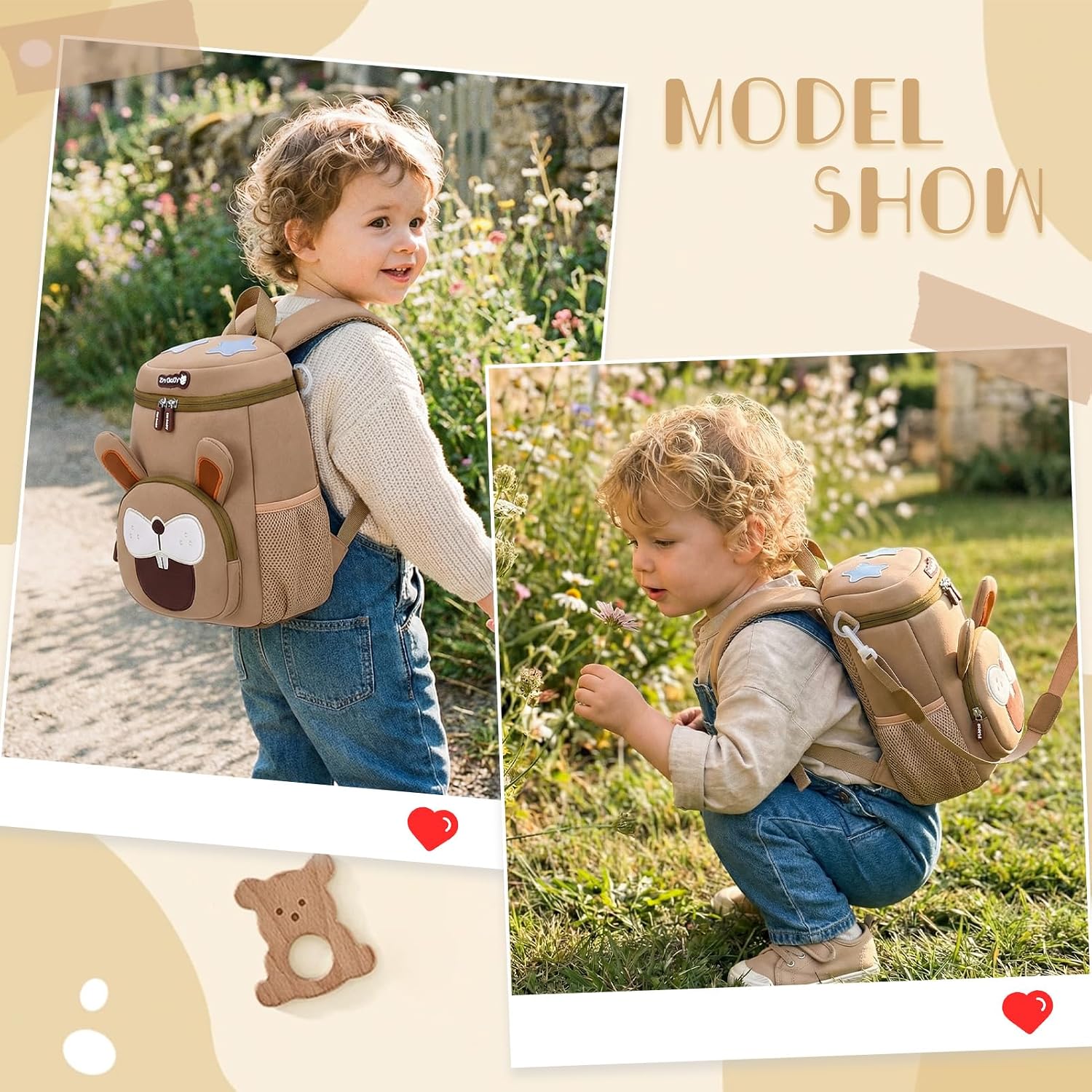 Thumbnail 1 de Aulenge Ultra-Waterproof School Backpack – Cute Rabbit Design with Anti-Lost Leash (Khaki)
