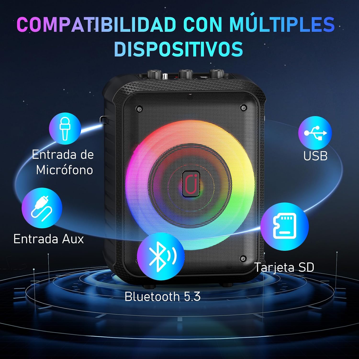 Detalle de HWWR Máquina de karaoke: altavoz PA portátil con 2 micrófonos, luces RGB y Bluetooth 5.3