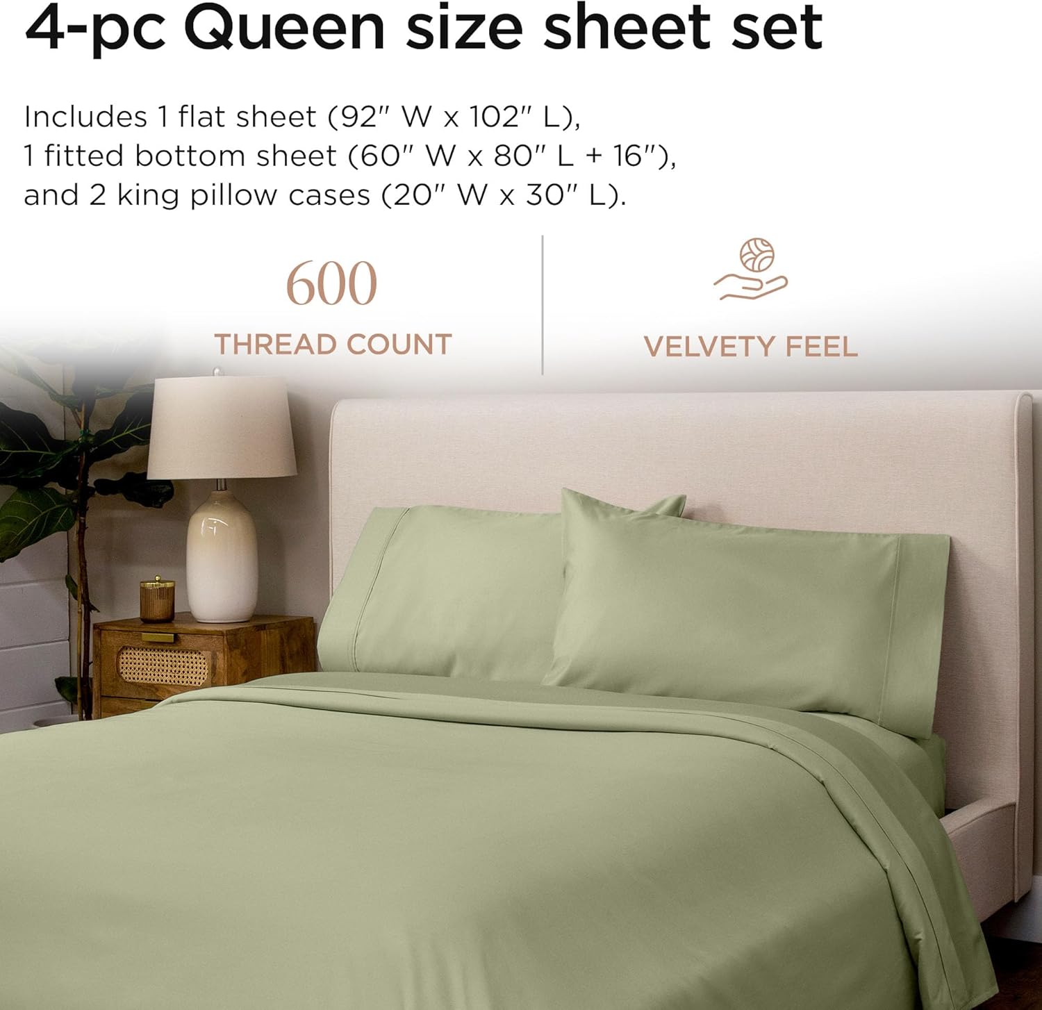 Detalle 2 de Threadmill 100% Cotton Queen Sheets Set with 600 Thread Count in Sage Green