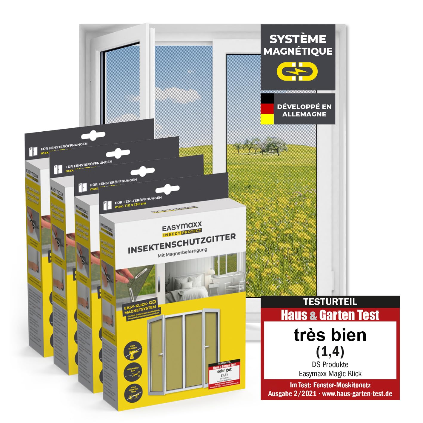 EASYmaxx moustiquaire de fenêtre avec fixation magnétique (jusqu’à 110 x 130 cm, découpable) – 4 pièces