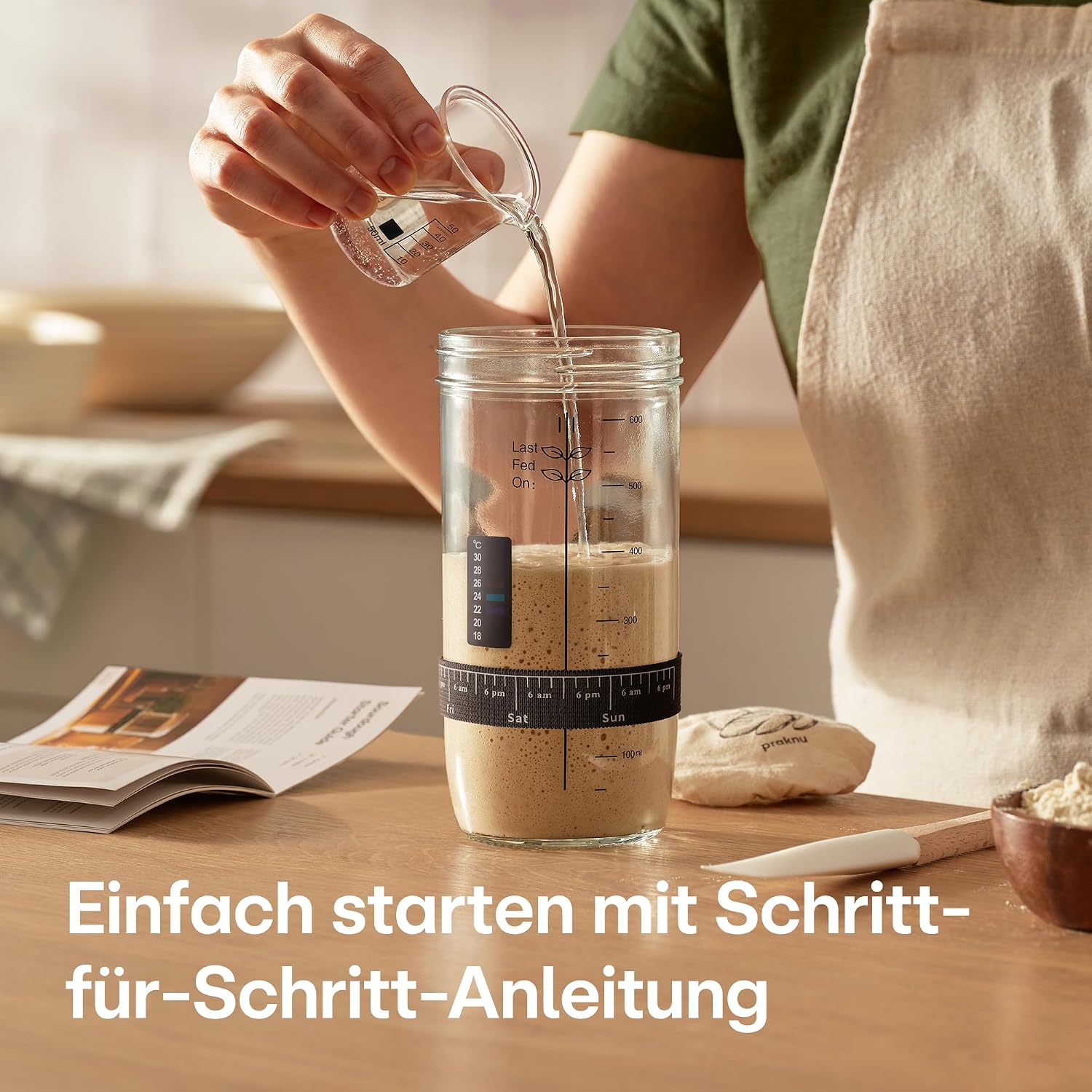 Detalle de Praknu Sauerteig Starter Set aus Glas (700 ml) – Komplett-Set für Einsteiger & Zuhause backen
