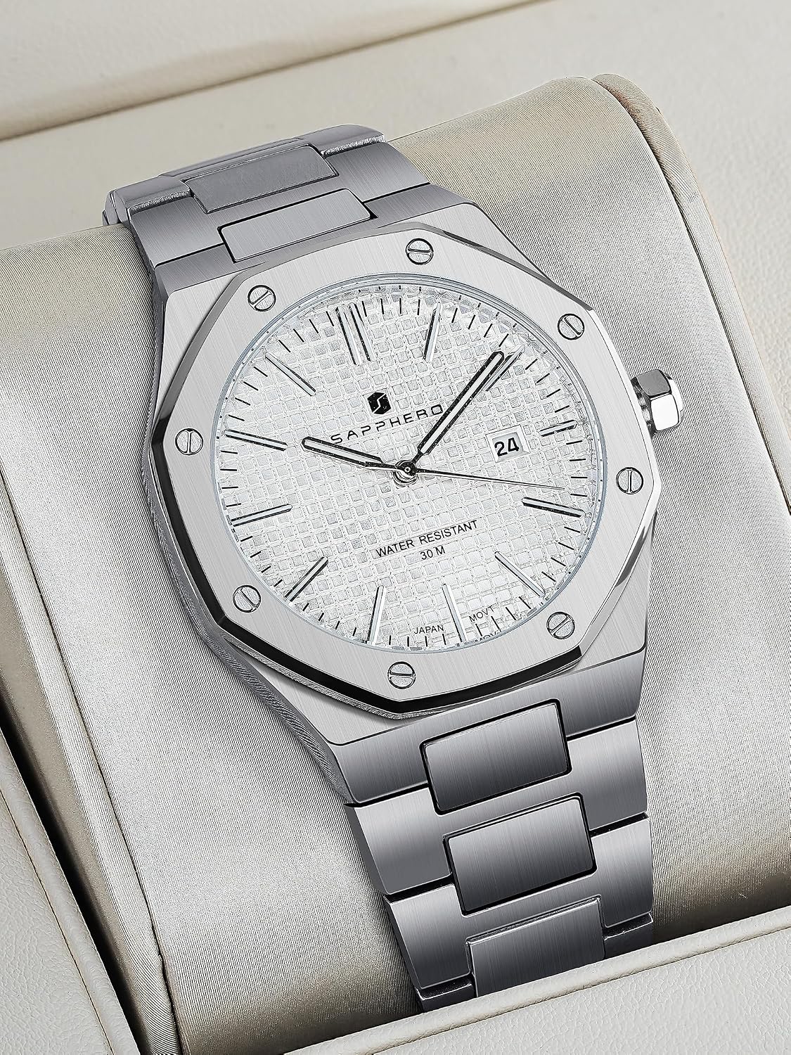 Thumbnail 6 de SAPPHERO Montre homme octogonale à cadran damier, boîtier et bracelet en acier, quartz japonais