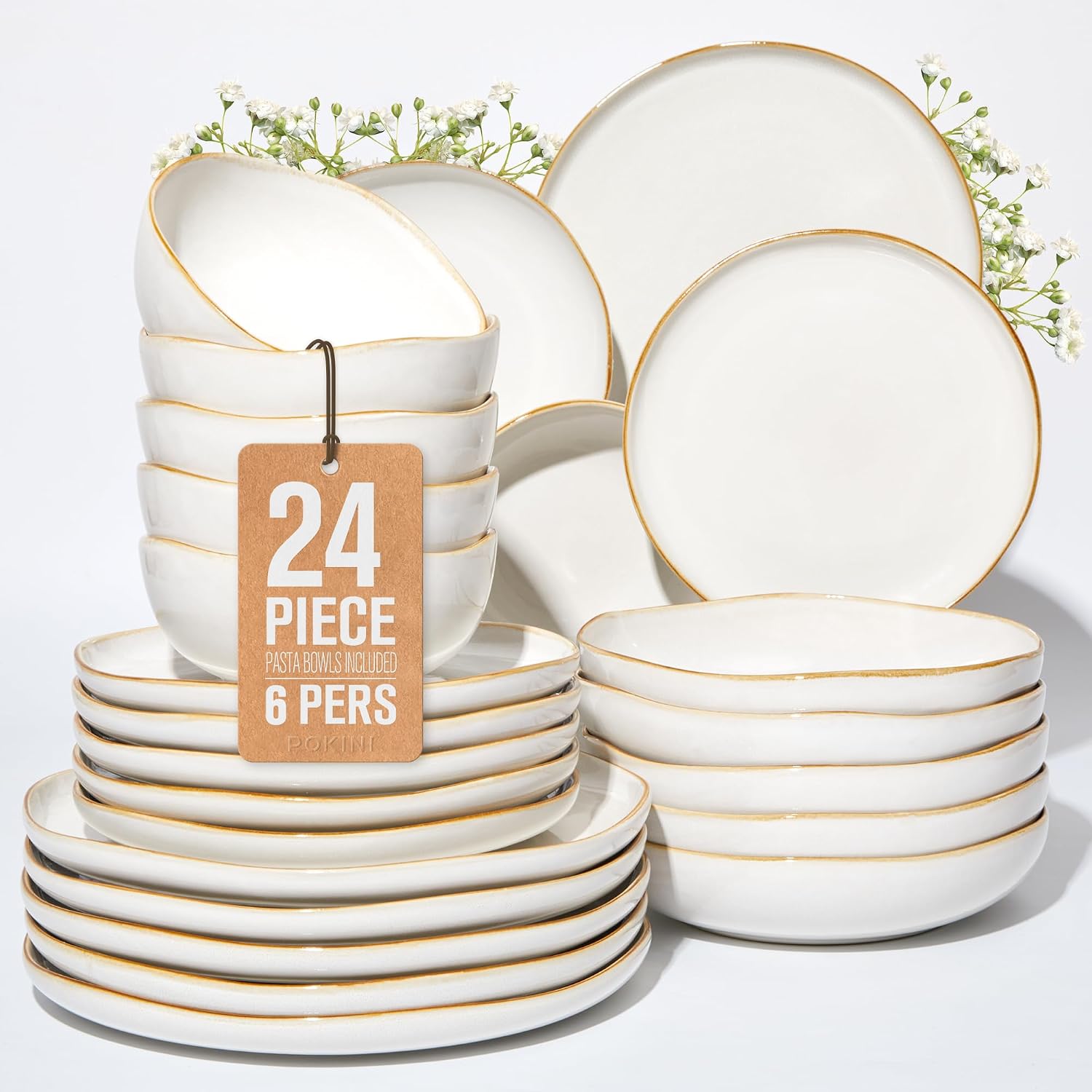 Detalle de Pokini 24-Piece Dinnerware Set for 6 with Pasta Bowls — Complete White Stoneware, Stackable & Glossy