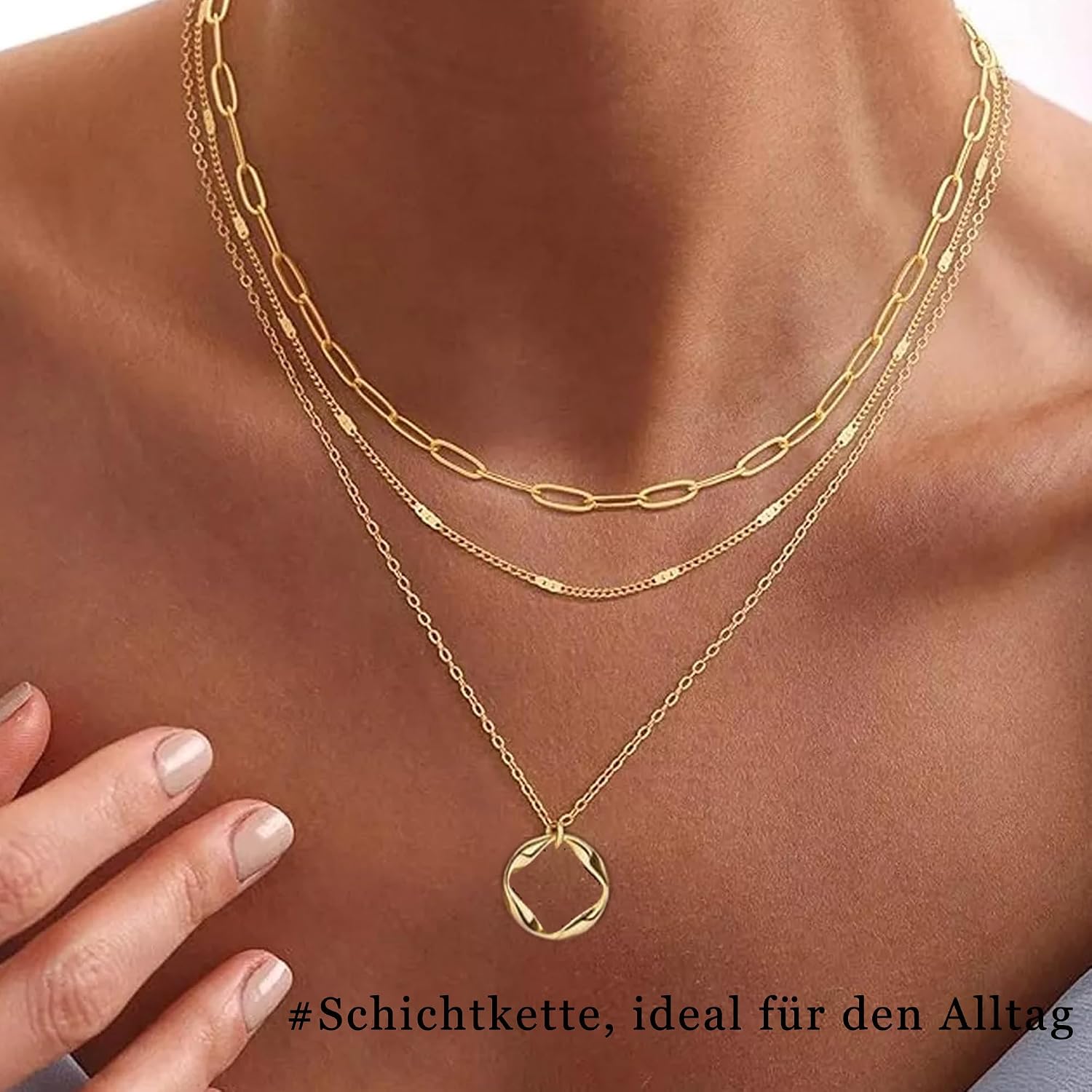 Detalle de FENNELISA 3er Set Damen-Halsketten mit Layering-Look, Silber 925 vergoldet, verstellbar