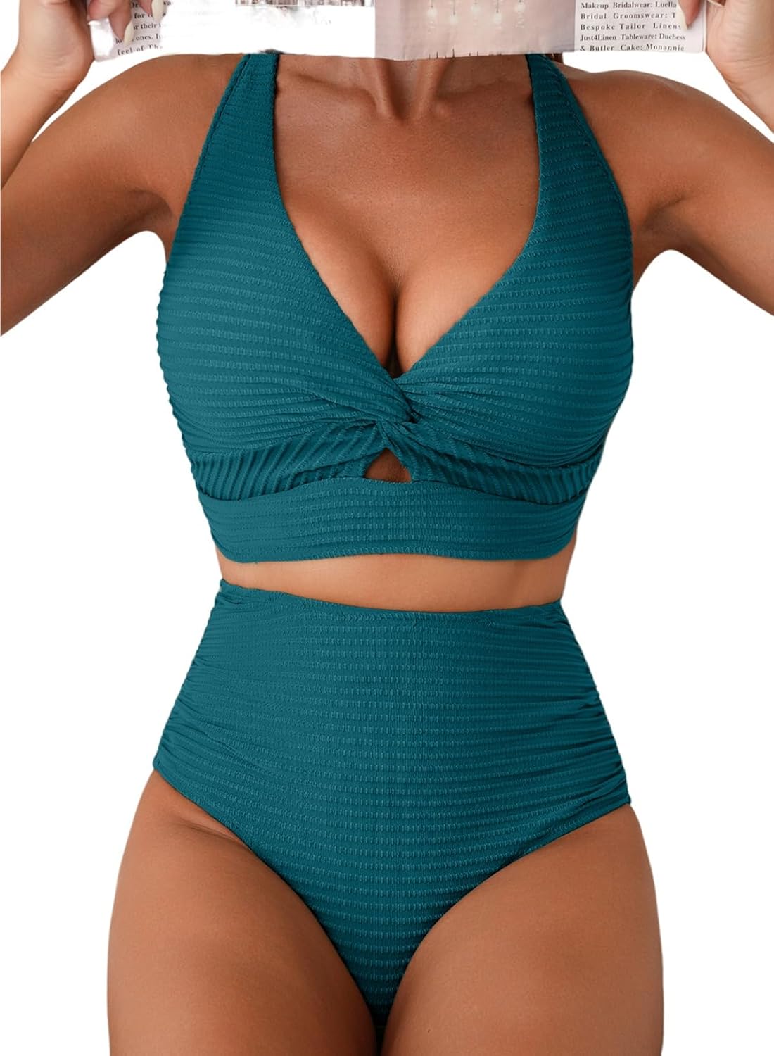 Detalle de Herseas Women's Textured Bikini Sets with Twist Front Top and High Waisted Bottoms