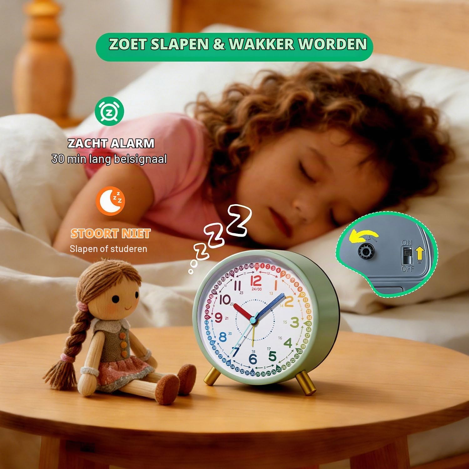 Detalle de Azxb kinderwekker, stille analoge klok met gekleurde wijzers en nachtlampje