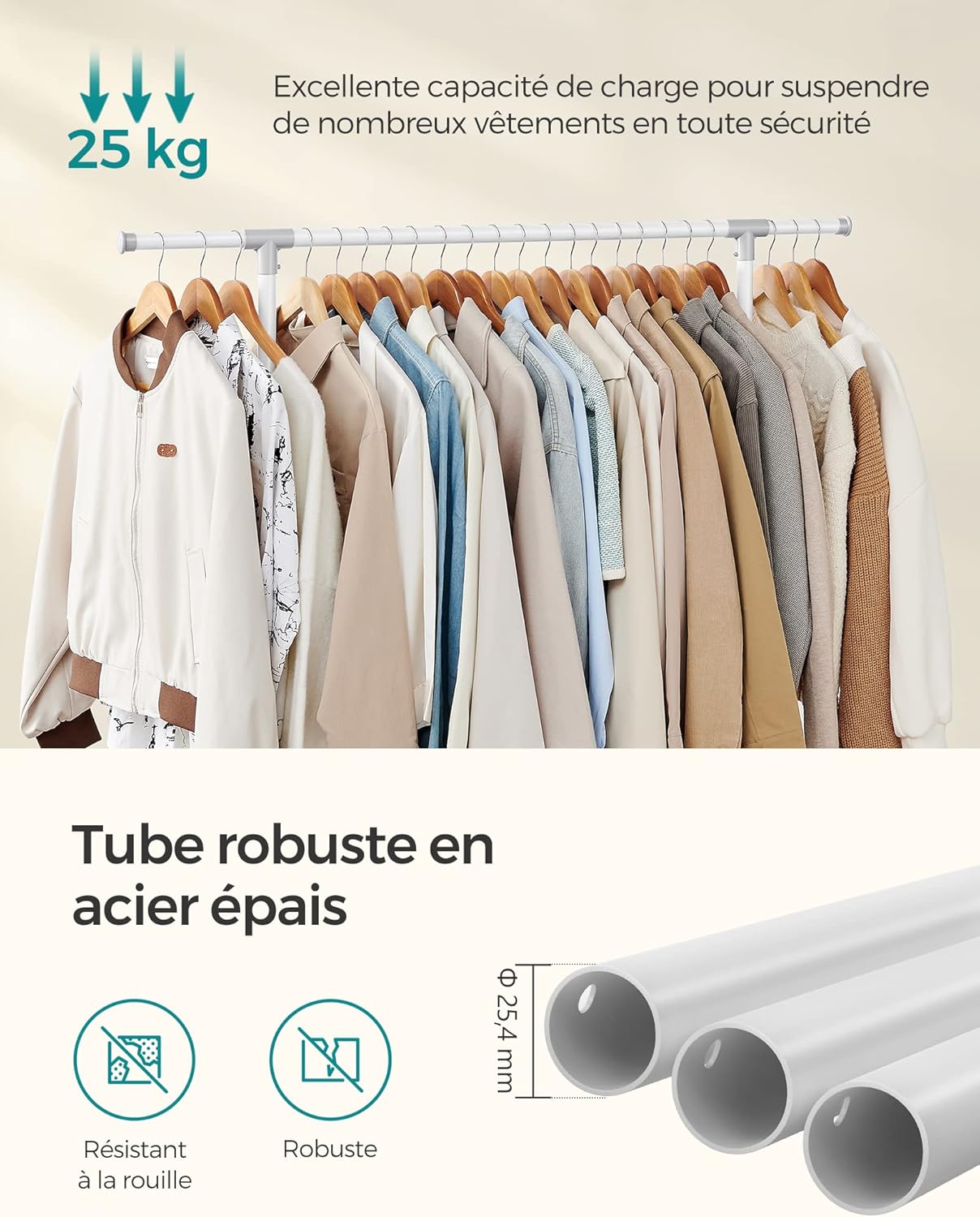 Detalle de SONGMICS Stand Appendiabiti con ruote LLR001W01, altezza regolabile 97–165 cm e barra estensibile
