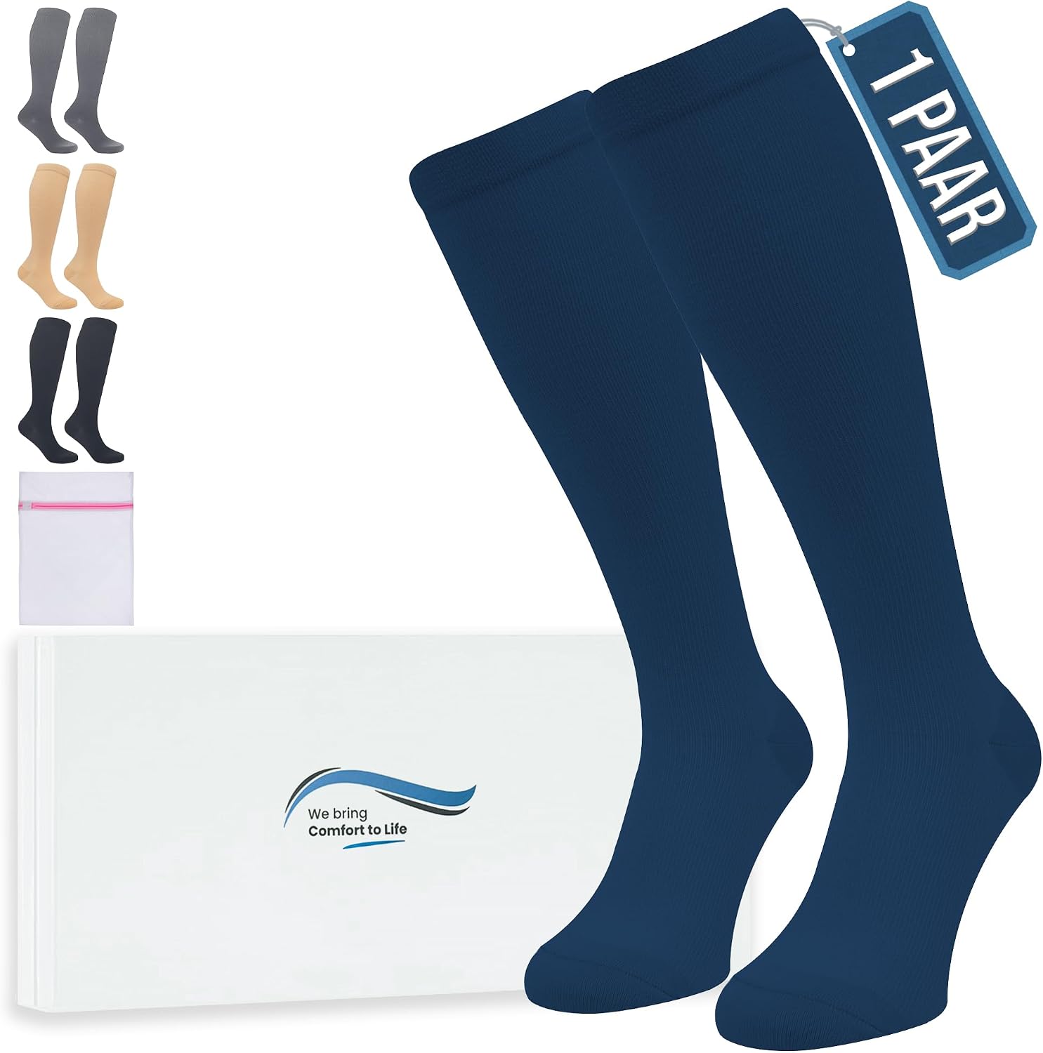 Detalle de 360 Relief Kompressionsstrümpfe für Herren & Damen (L/XL), Stützstrümpfe für Sport, Lauf, Reise – 1 Paar, Blau mit Wäschenetz