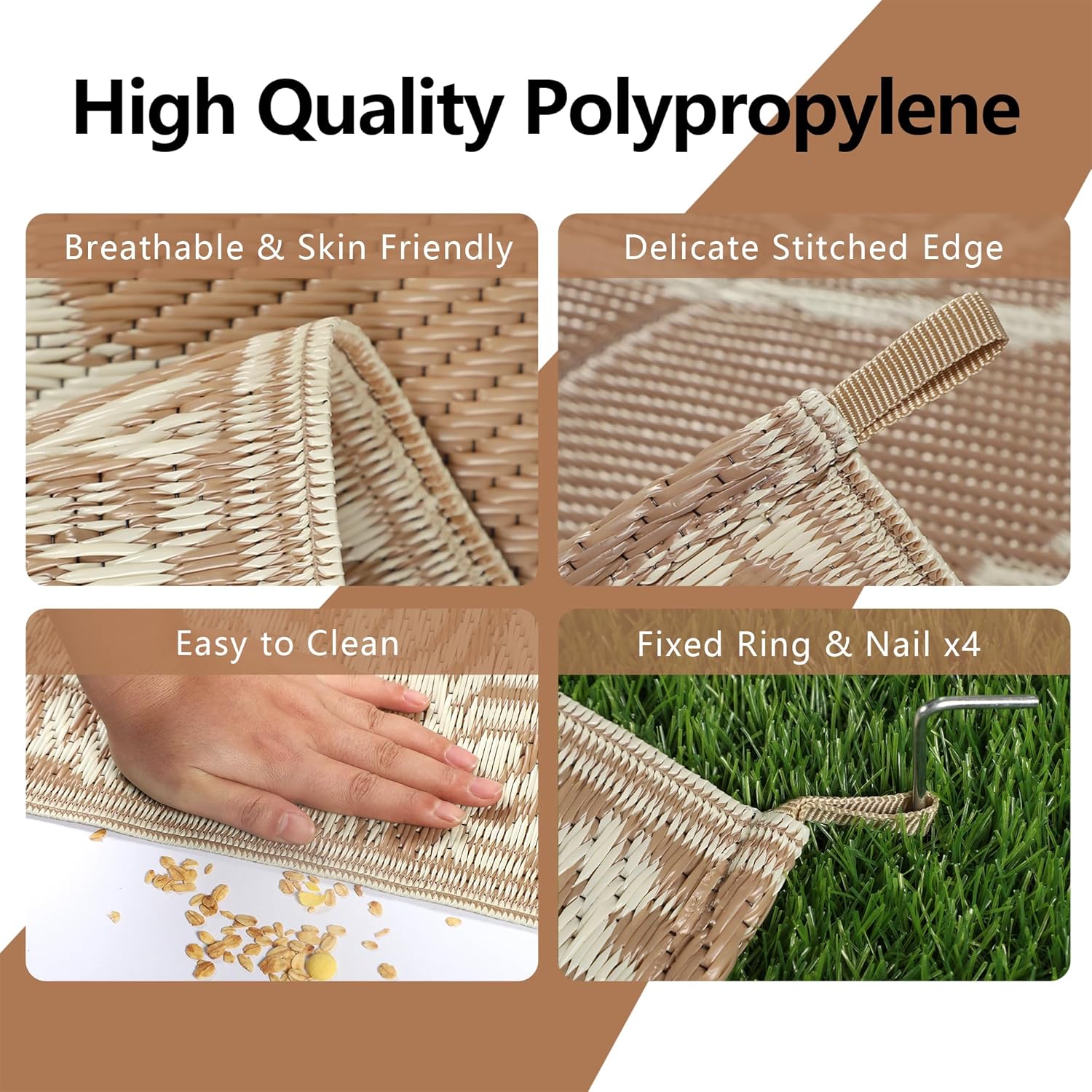 Thumbnail 4 de Famibay Outdoor Rugs Plastic Straw Waterproof Patio Rug (150 x 245 cm) – Reversible UV Resistant Indoor Outdoor Mat, Brown Beige