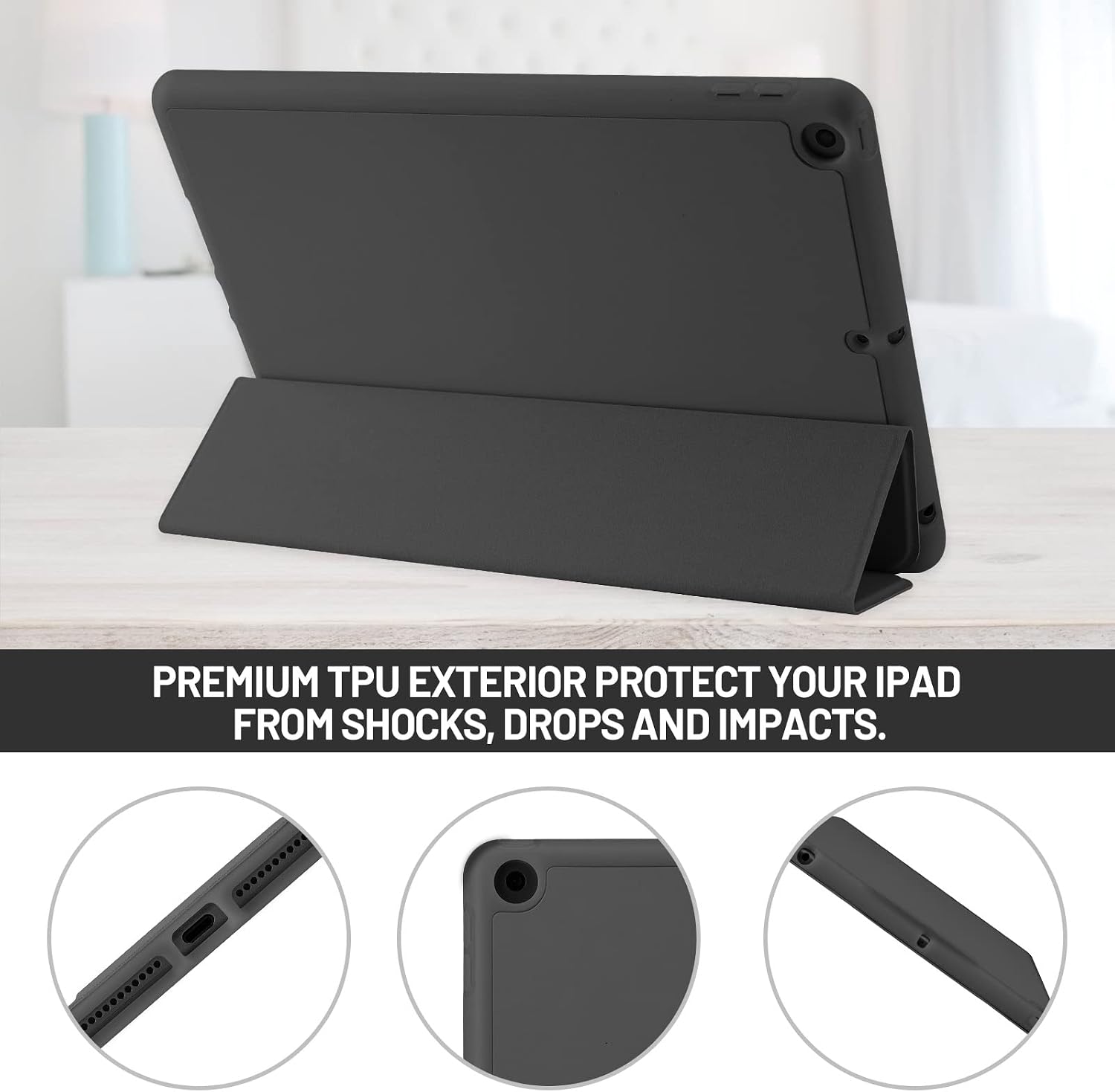 Detalle de Hülle für iPad 9.Gen / 8. Gen / 7. Gen (10,2 Zoll) mit Stifthalter, Trifold-Stand, Auto Schlafen/Wachen – Schwarz