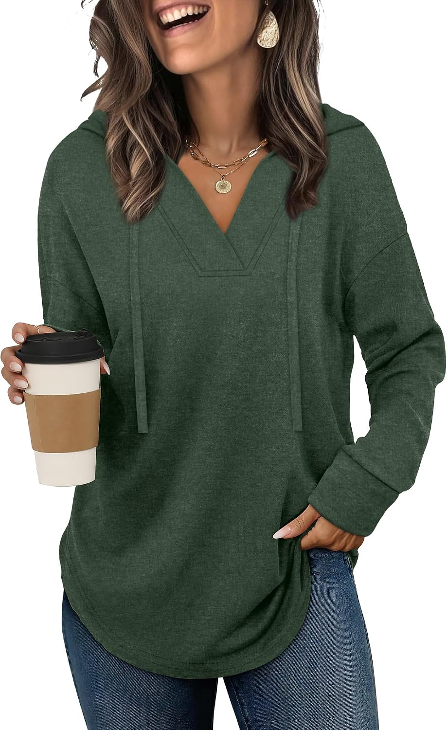 Detalle 2 de Sampeel Women's Oversized V-Neck Hoodie, Lightweight 90% Polyester Blend