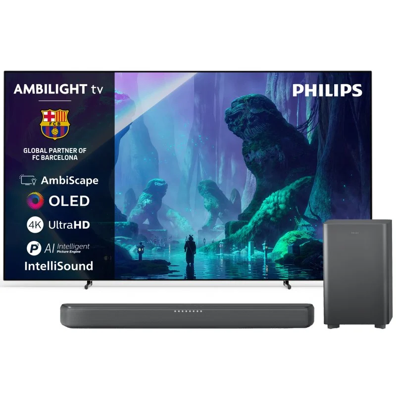 Detalle de TV Philips OLED 65OLED801/12 (65") con Ambilight + Barra TAB5309: cine en casa y gaming de alto nivel