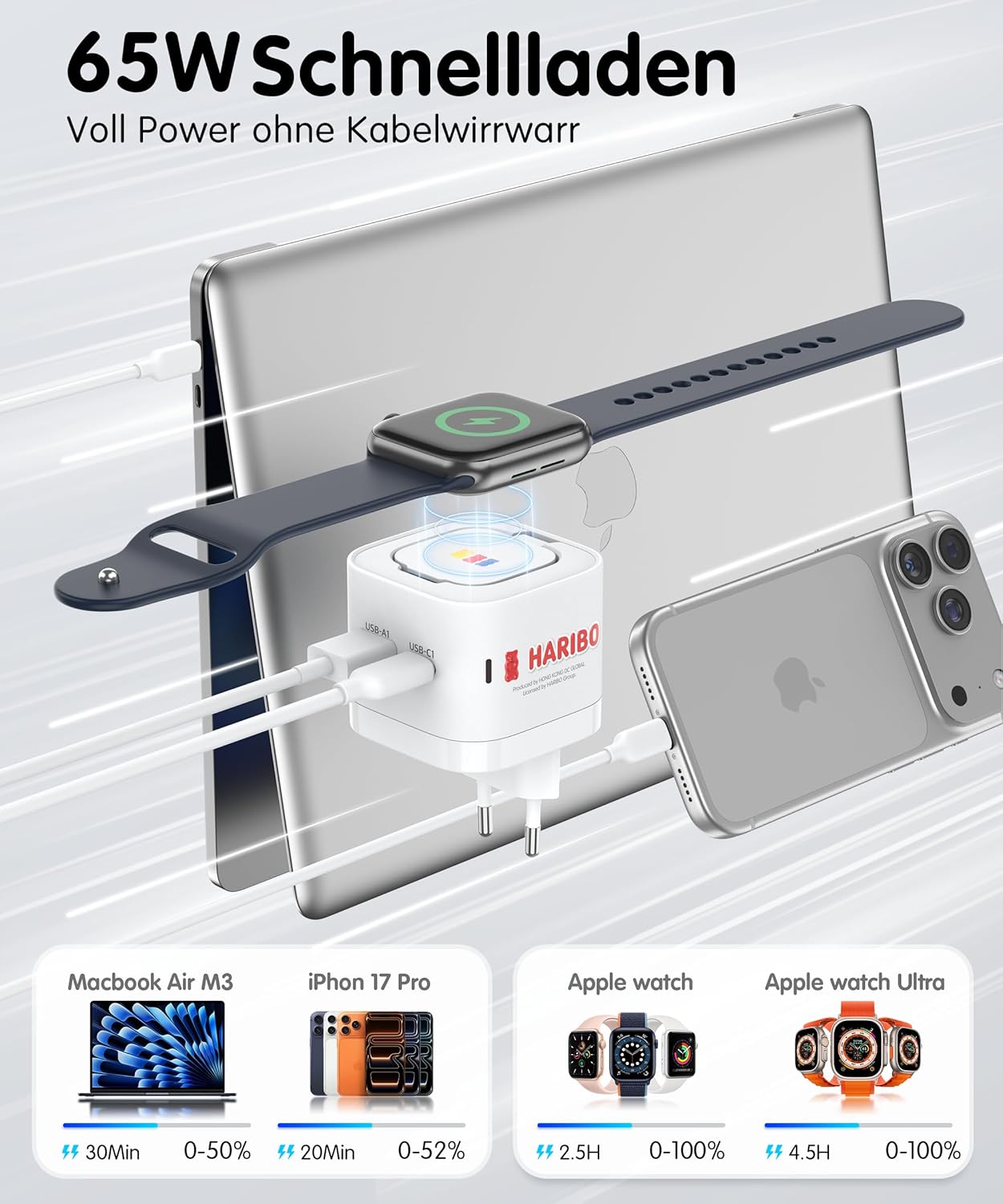 Detalle de Haribo Chargeur USB-C 65W 3-en-1 pour Apple Watch et appareils Apple – Bleu