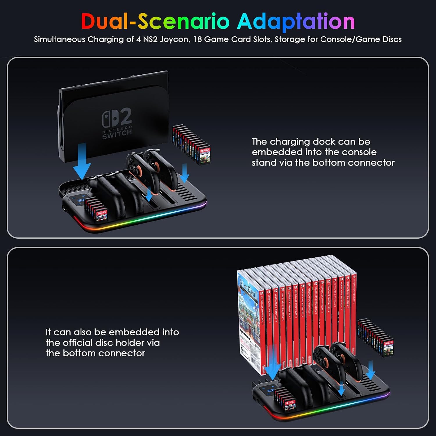 Thumbnail 2 de Charging Dock for Nintendo Switch 2 Joy Con: RGB Docking Station with 18 Game Card Slots