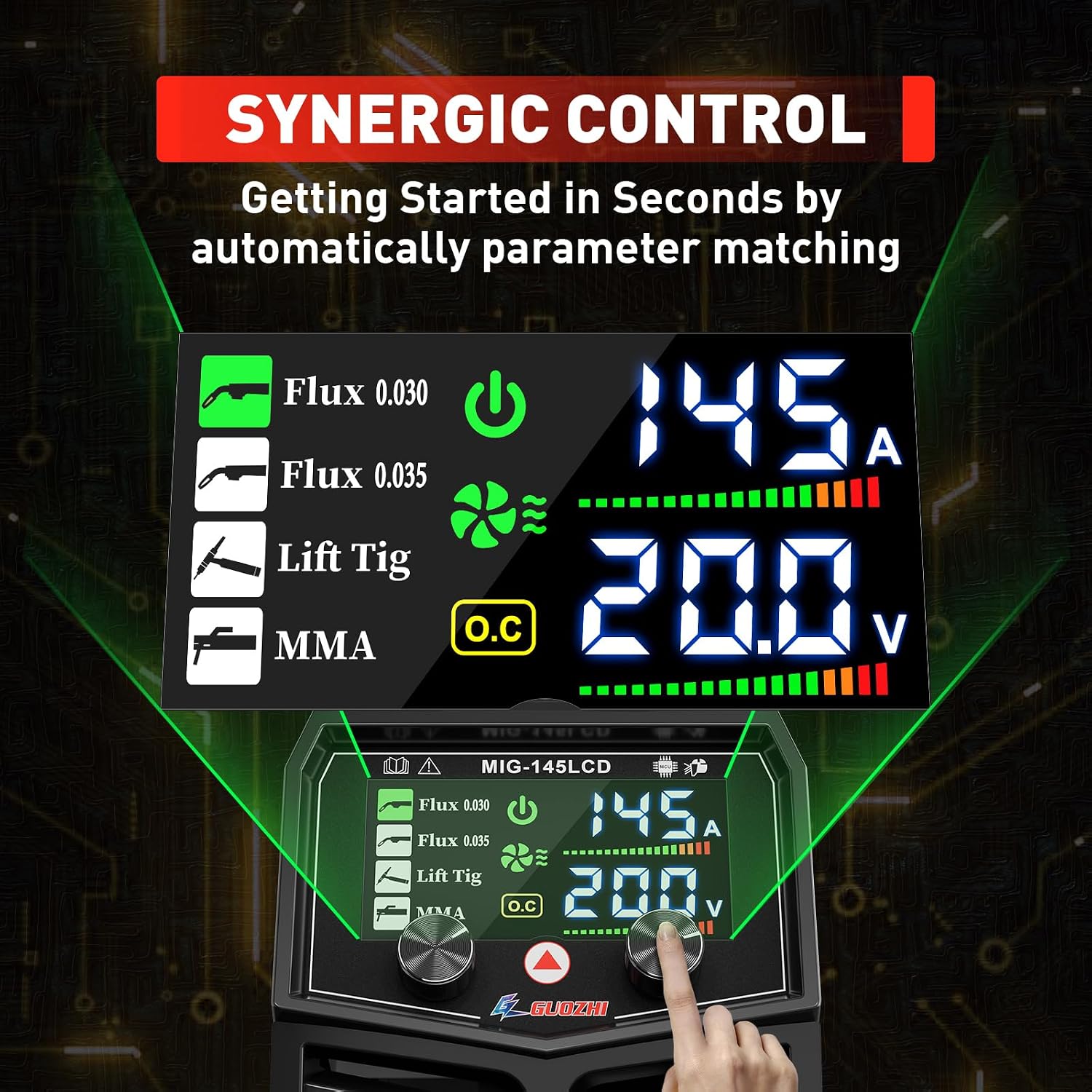 Detalle de GZ GUOZHI 145A 3-in-1 MIG/ARC/Lift TIG Welder (110V) with Large LCD Display