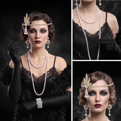Thumbnail 5 de AOOWU 1920s Flapper Accessories Set with Faux Pearls and Satin Gloves