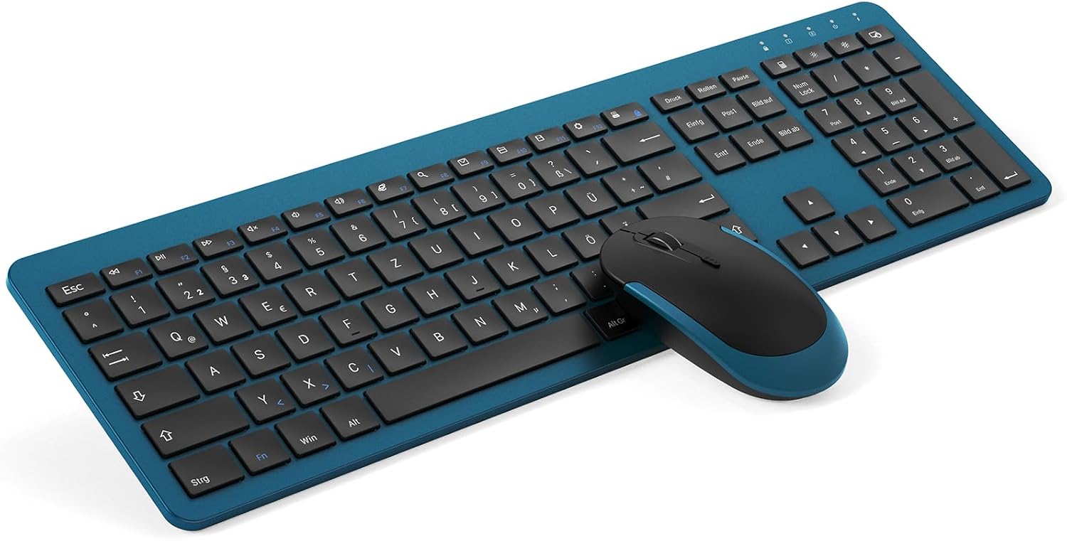 Detalle de seenda SK38-3 Tastatur-Maus-Set kabellos (QWERTZ, Schwarz/Blau) mit wiederaufladbarer Funk-Tastatur