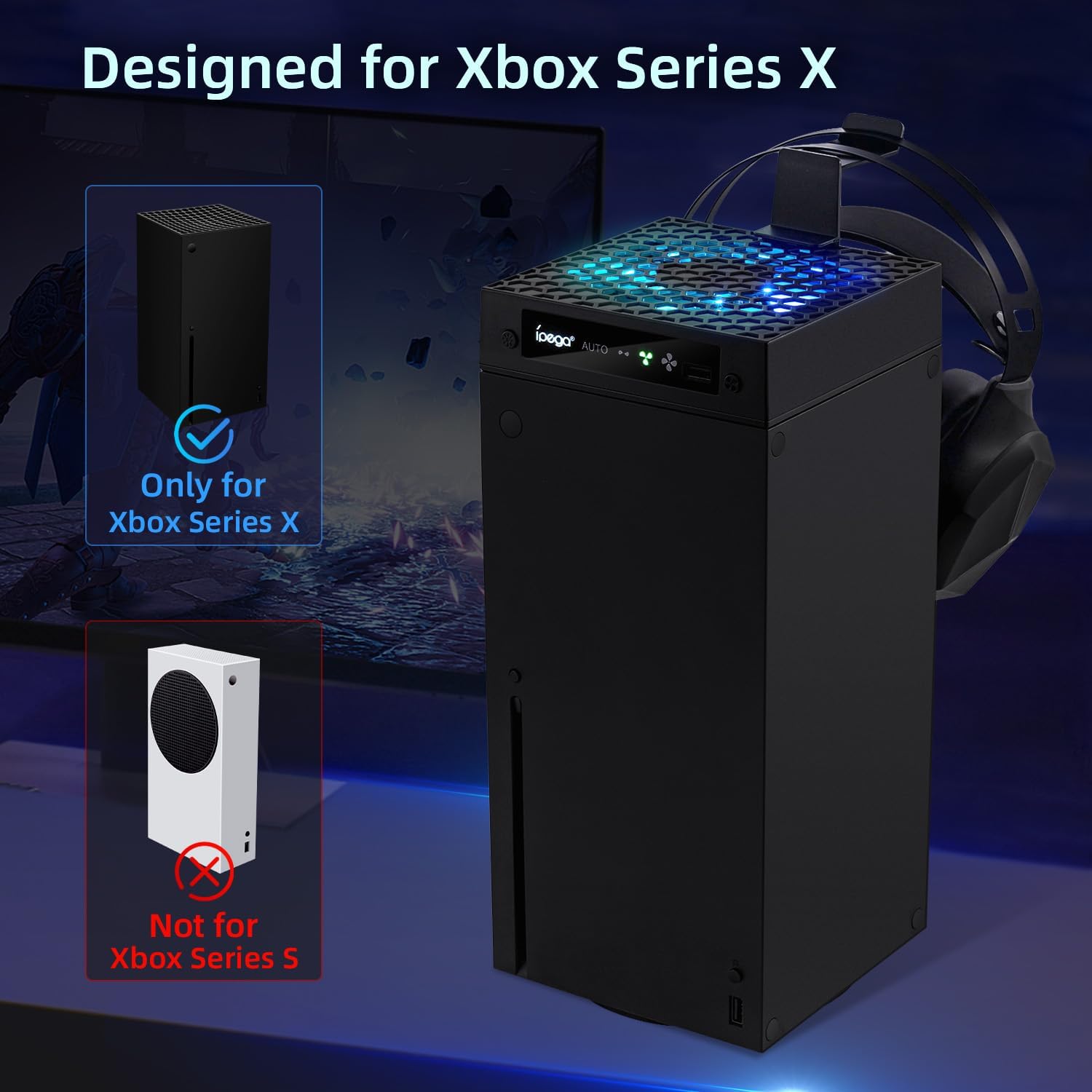 Thumbnail 1 de Mcbazel ventilateur de refroidissement automatique pour Xbox Series X (PWM, 3 vitesses, RGB, support casque) – Noir