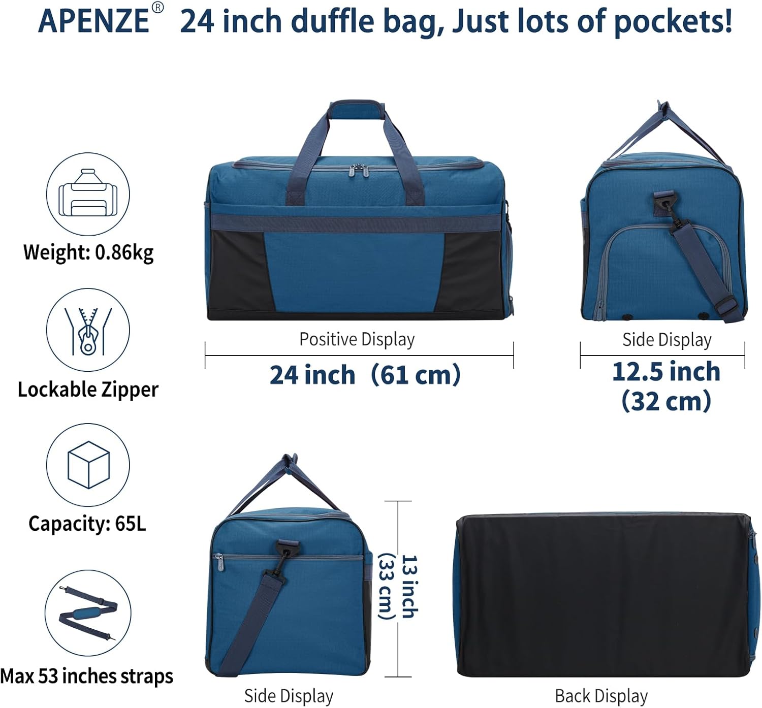 Detalle de Apenze 65L Gym Bag with Wet/Dry Compartment and Shoe Sleeve – Royal Blue