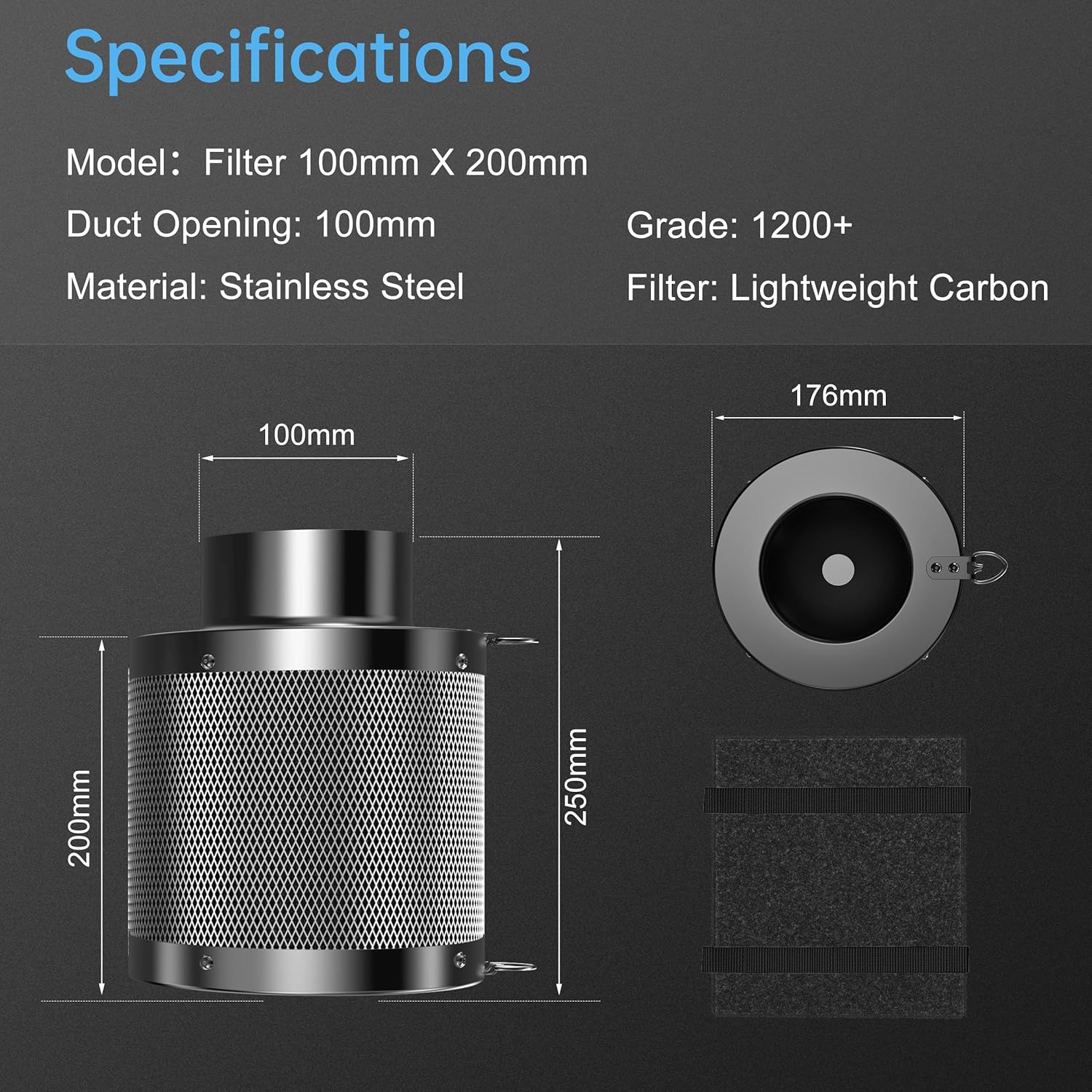 Detalle 2 de Hon&Guan 4 Inch Carbon Filter with Australian Virgin Charcoal – 100mm x 200mm, for Odour Removal